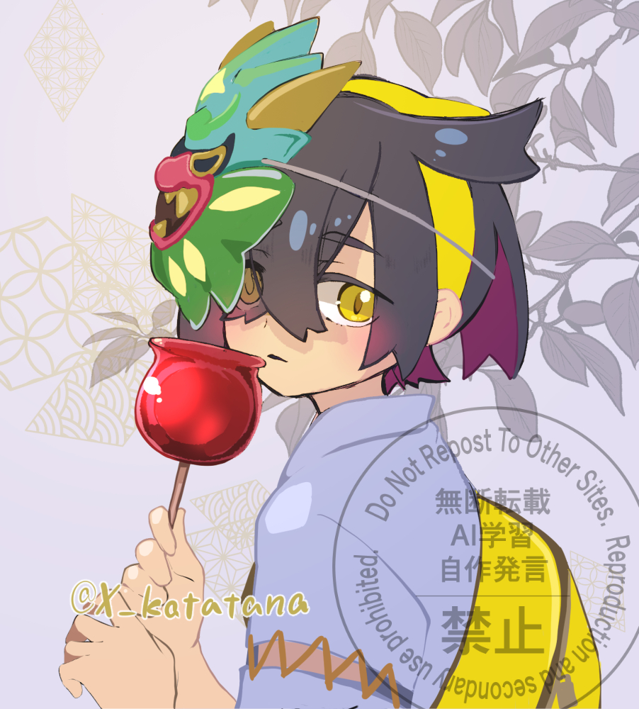 kieran (pokemon), nintendo, pokemon, pokemon sv, commentary request, 1boy, black hair, candy apple, colored inner hair, crossed bangs, food, from side, hairband, holding, katatana, looking at viewer, looking to the side, male focus, mask, mask on head, multicolored hair, shirt, solo, upper body, watermark, yellow eyes, yellow hairband