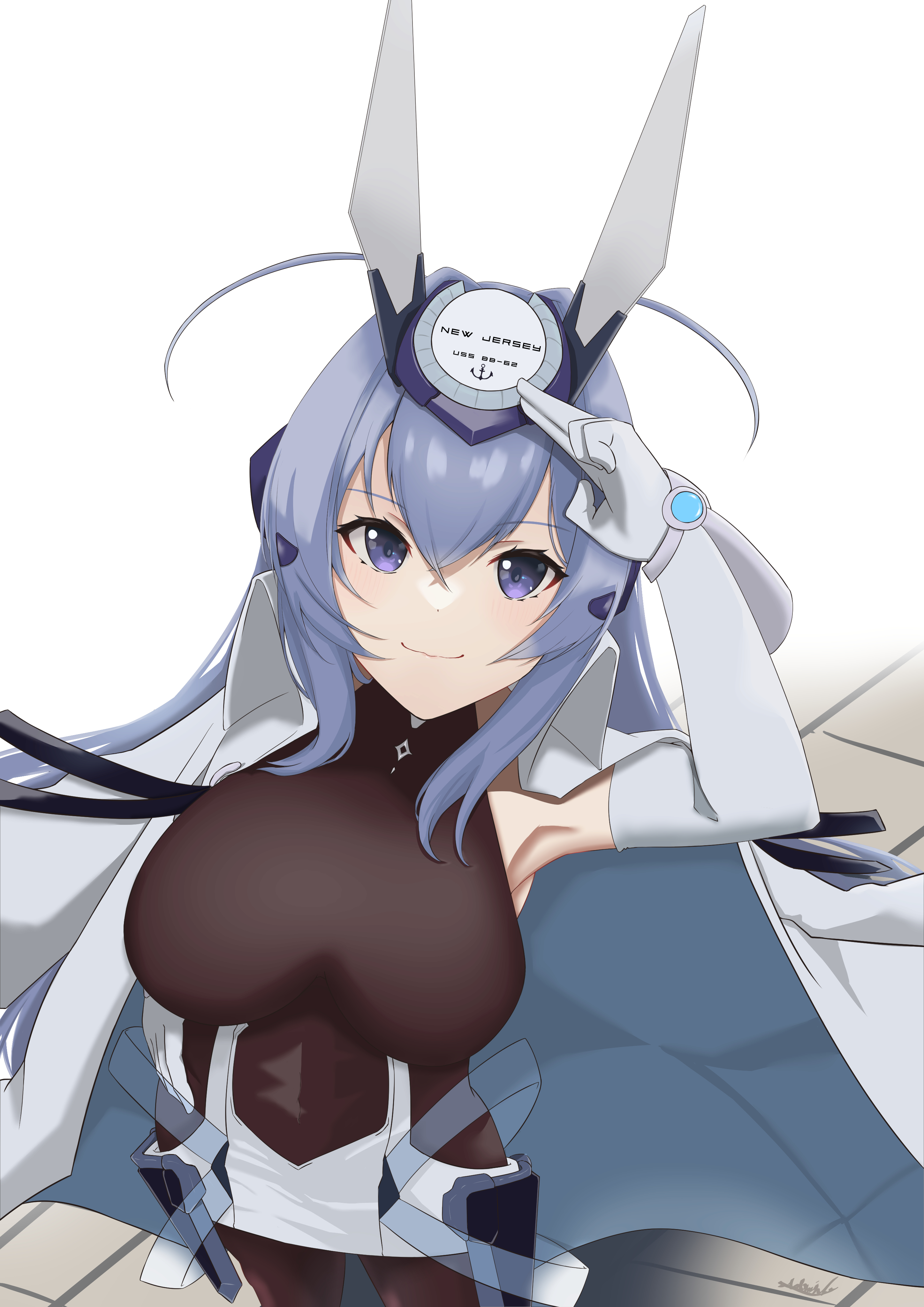 new jersey (azur lane), azur lane, absurdres, commentary, highres, 1girl, adominly19f, blue hair, breasts, character name, coat, coat on shoulders, dress, elbow gloves, from above, gloves, hair between eyes, large breasts, long hair, looking at viewer, looking up, purple eyes, salute, short dress, simple background, solo, two-finger salute, very long hair, white background, white coat, white dress, white gloves