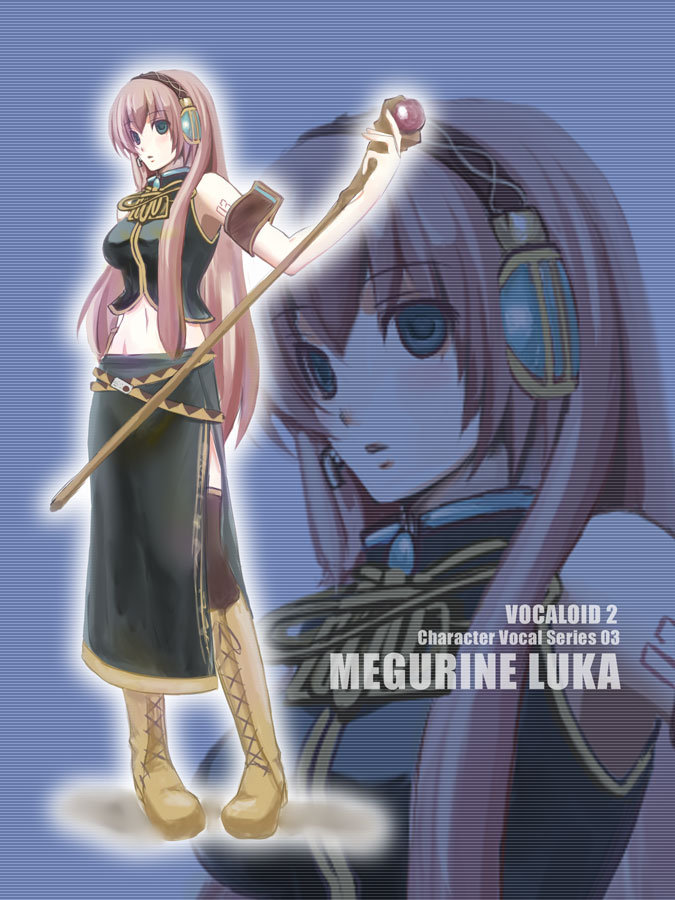 megurine luka, vocaloid, 1girl, black dress, black thighhighs, blue eyes, dress, female focus, full body, hairband, holding, long hair, looking at viewer, midriff, navel, pink hair, solo, staff, standing, stomach, thighhighs, very long hair, wand, zoom layer