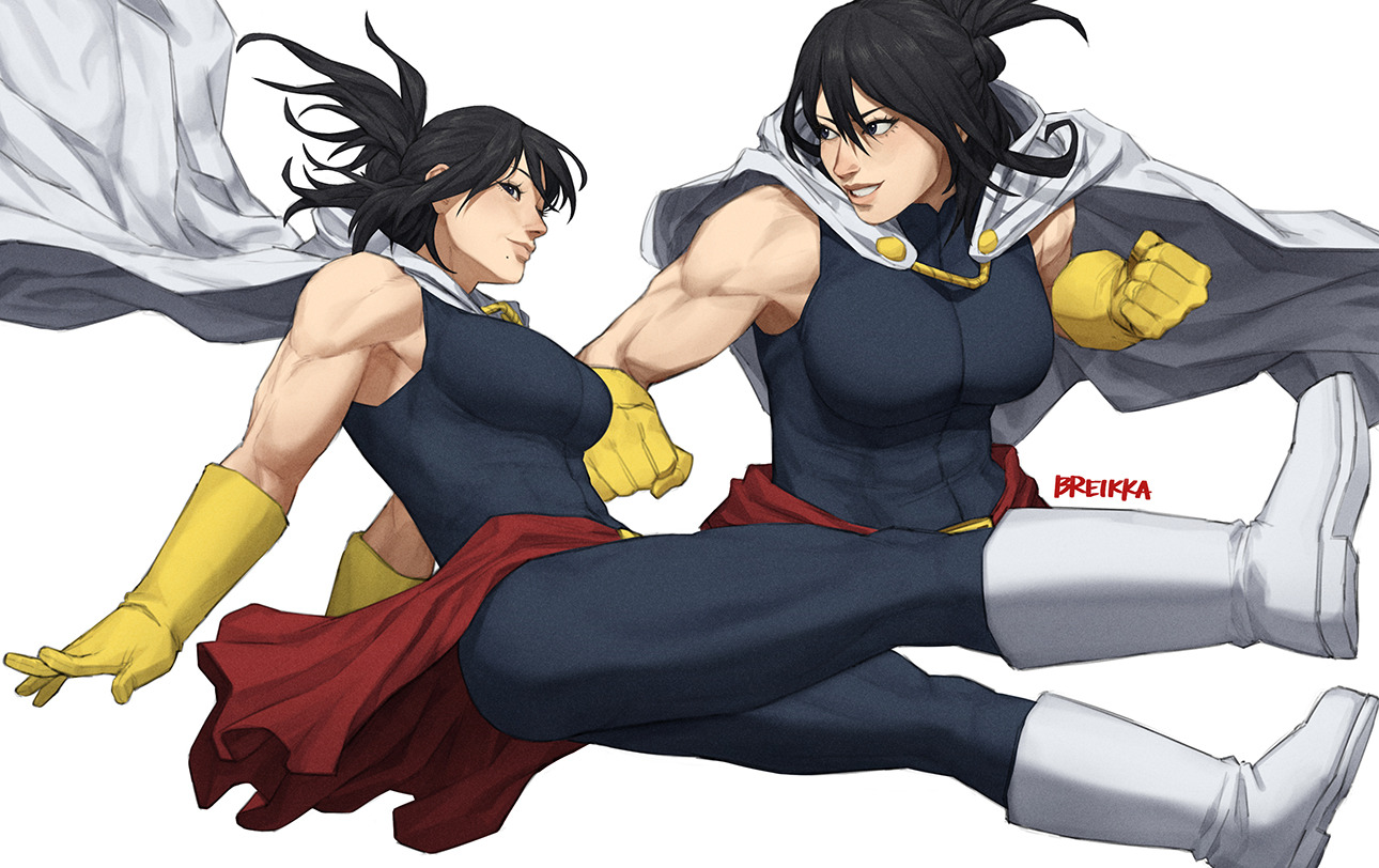 breikka, shimura nana, boku no hero academia, commentary, english commentary, 1girl, artist name, biceps, black eyes, black hair, bodysuit, boots, breasts, cape, clenched hands, closed mouth, floating cape, full body, gloves, large breasts, mature female, medium hair, multiple views, muscular, muscular female, simple background, sleeveless, sleeveless bodysuit, solo, white background, white boots, white cape, yellow gloves