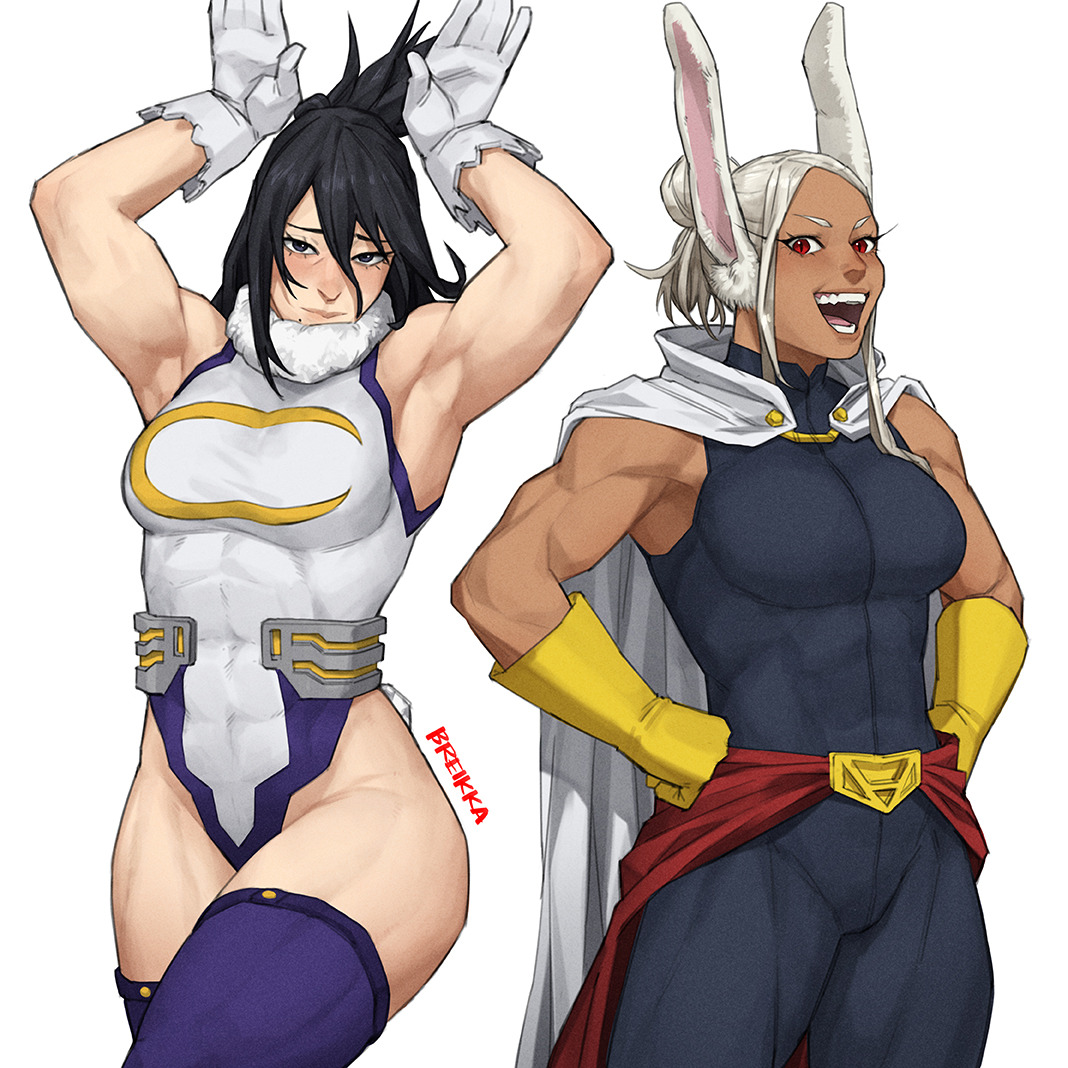 breikka, mirko, shimura nana, boku no hero academia, commentary, english commentary, 1girl, animal ears, artist name, biceps, black eyes, black hair, blush, bodysuit, boots, breasts, cape, closed mouth, cosplay, costume switch, dark-skinned female, dark skin, embarrassed, gloves, large breasts, leotard, mature female, medium hair, muscular, muscular female, rabbit ears, rabbit pose, red eyes, simple background, sleeveless, sleeveless bodysuit, solo, white background, white bodysuit, white boots, white cape, white hair, white leotard, yellow gloves