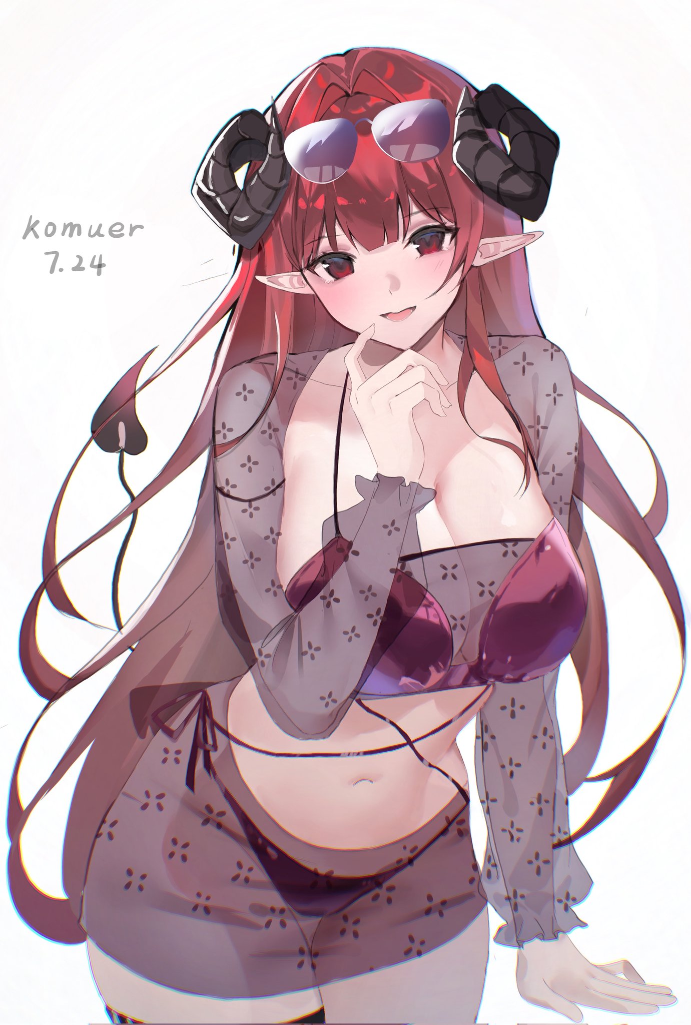 komuer, hindenburg (azur lane), azur lane, highres, 1girl, alternate costume, artist name, bikini, black horns, curled horns, dated, demon girl, demon horns, horns, navel, red bikini, red eyes, red hair, simple background, solo, sunglasses, swimsuit, tail, white background