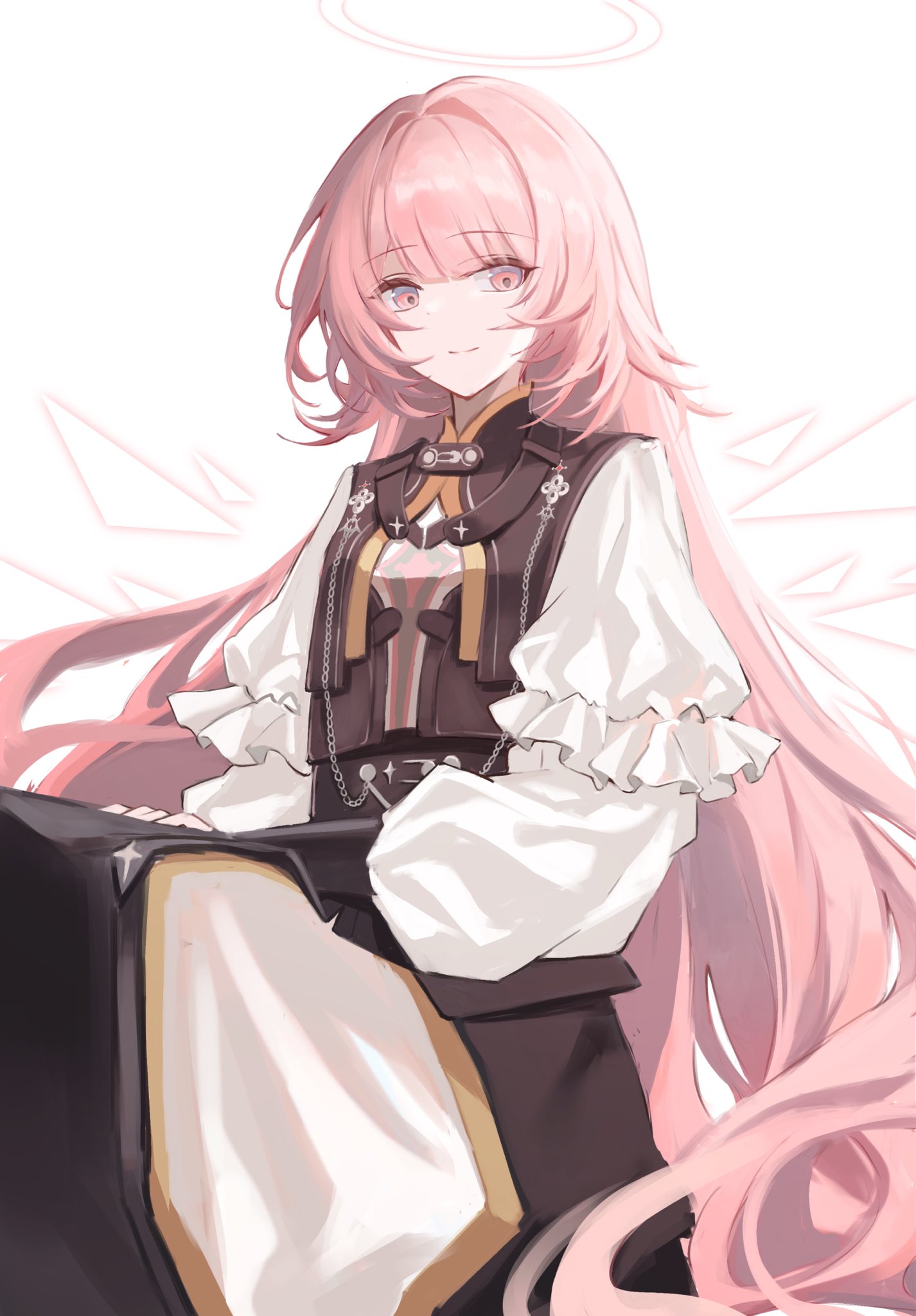 nianamo61, lemuen (arknights), arknights, highres, 1girl, black dress, closed mouth, detached wings, dress, energy wings, frills, halo, long hair, long sleeves, looking at viewer, pink eyes, pink hair, puffy sleeves, shirt, smile, solo, white background, white shirt, wings