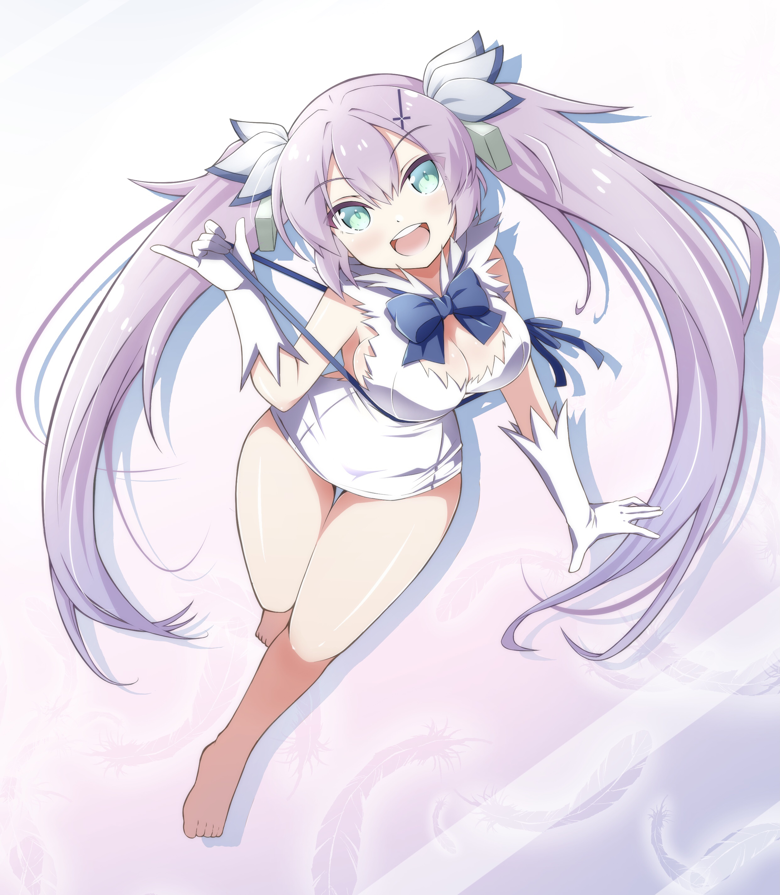 misopiero, hestia (danmachi), javelin (azur lane), azur lane, dungeon ni deai wo motomeru no wa machigatteiru darou ka, absurdres, highres, 1girl, alternate breast size (larger), aqua eyes, blue bow, blue ribbon, bow, breast ribbon, breasts, cleavage, cosplay, dress, gloves, green eyes, hair ribbon, hestia (danmachi) (cosplay), large breasts, long hair, purple hair, ribbon, short dress, solo, twintails, very long hair, white dress, white gloves, white ribbon
