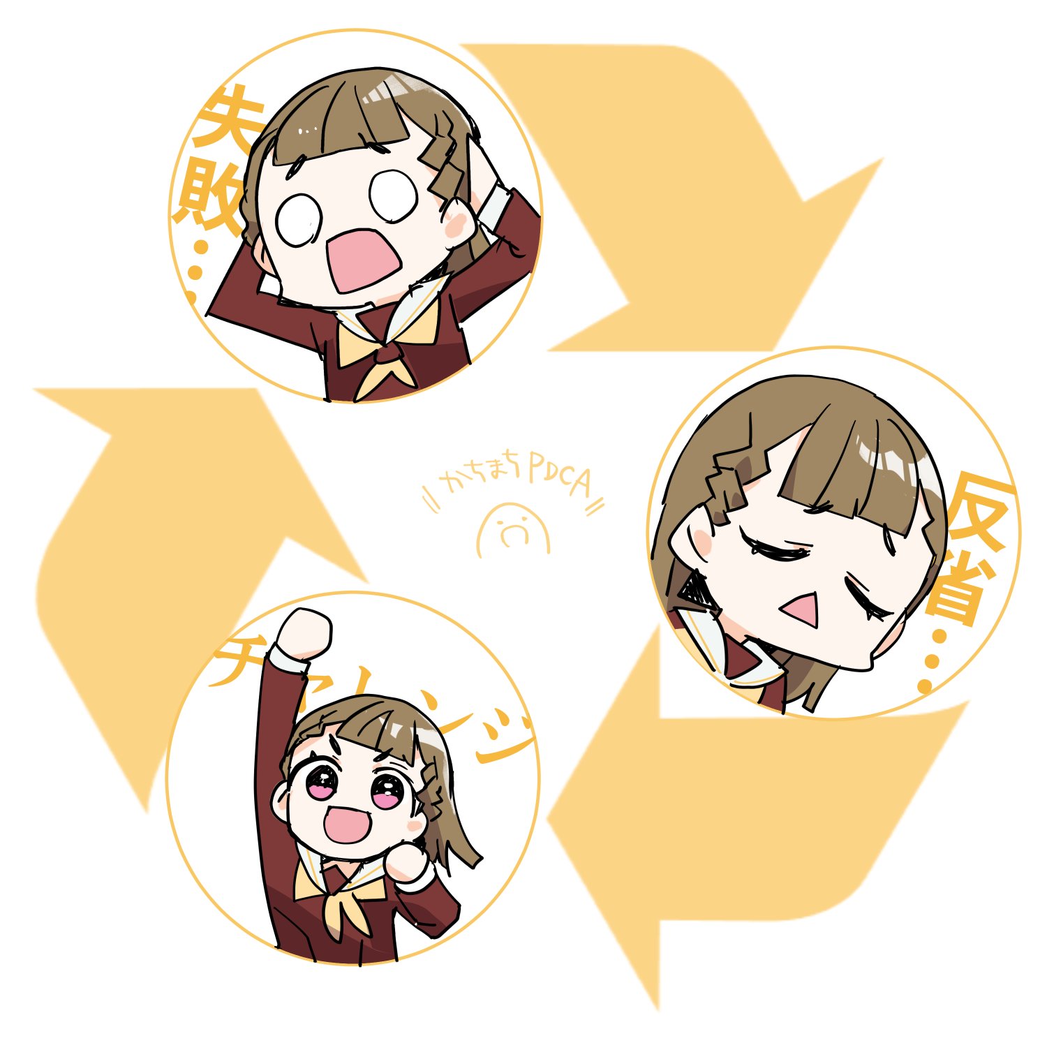 kanduki kamibukuro, kachimachi kosuzu, link! like! love live!, love live!, commentary request, highres, translation request, 1girl, :<, :d, arms up, arrow (symbol), black bow, bow, braid, brown dress, brown hair, center-flap bangs, clenched hands, closed eyes, d:, dress, hair bow, hands on own head, hasu no sora school uniform, long hair, long sleeves, multiple views, neckerchief, o o, open mouth, raised fist, raised inner eyebrows, recycling symbol, sailor collar, sailor dress, school uniform, side braids, smile, solo, u u, virtual youtuber, white sailor collar, winter uniform, yellow neckerchief