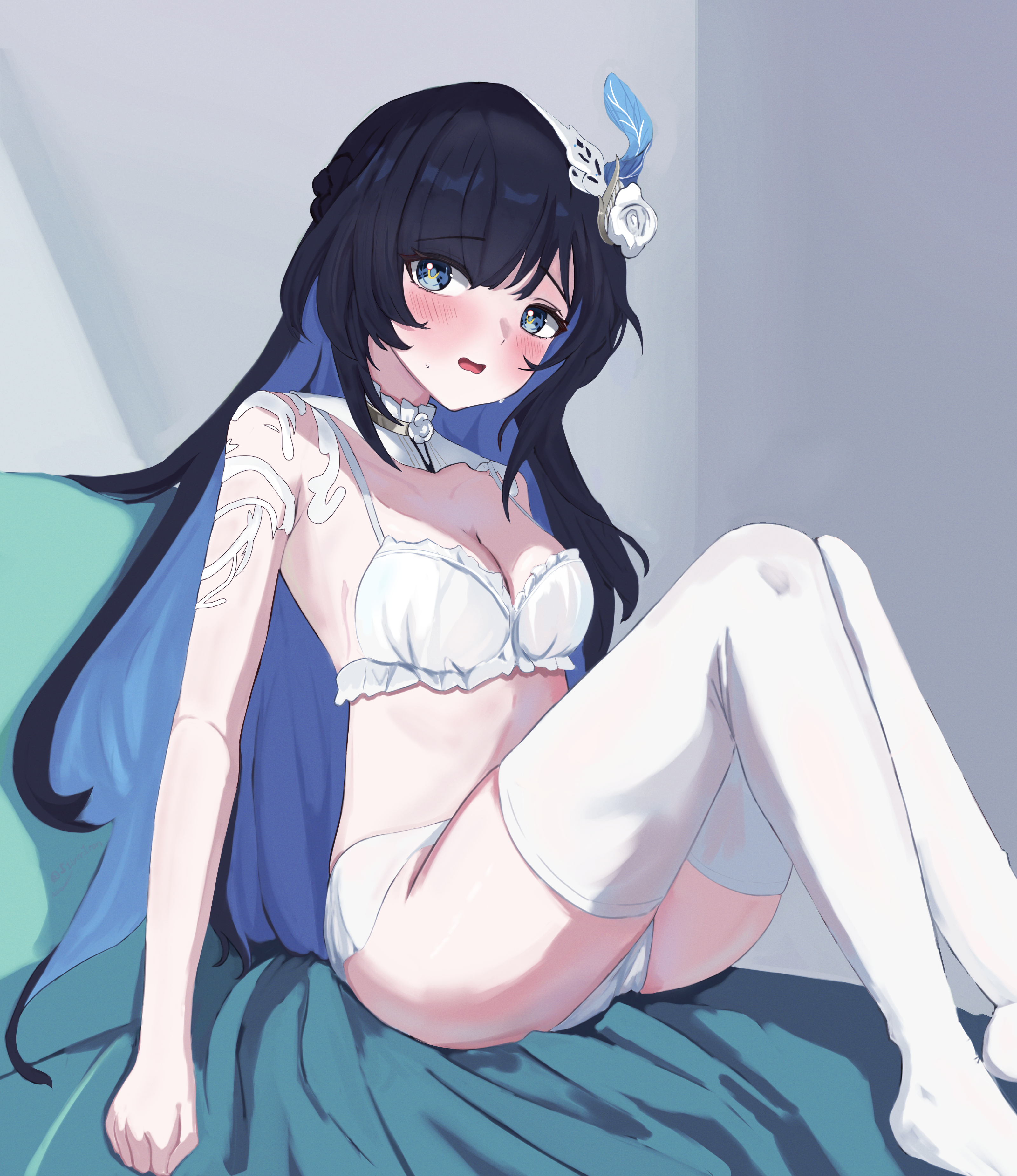 auxuelus, selena: pianissimo (pgr), selena (pgr), punishing: gray raven, absurdres, highres, 1girl, black hair, blue eyes, blue hair, blush, bra, breasts, cleavage, colored inner hair, flower, frilled bra, frills, hair flower, hair ornament, knees up, long hair, looking at viewer, medium breasts, multicolored hair, open mouth, panties, sitting, solo, thighhighs, two-tone hair, underwear, underwear only, white bra, white flower, white panties, white thighhighs