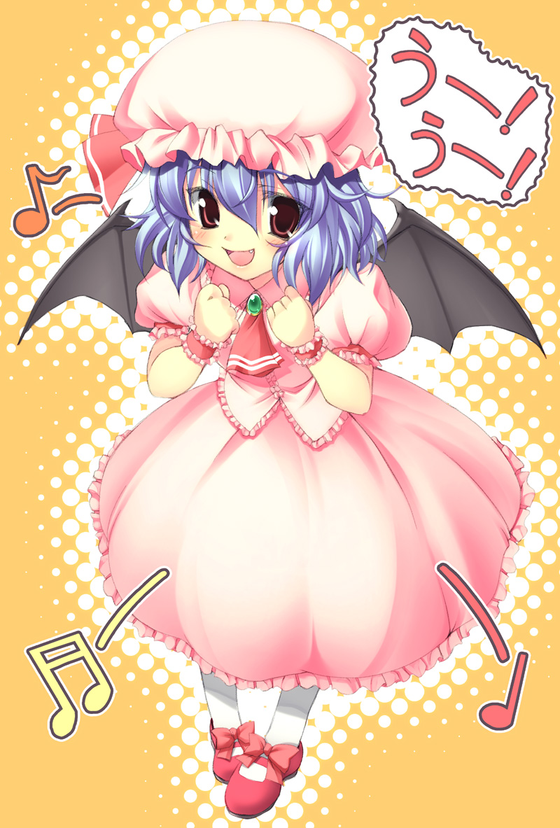 takeda aranobu, remilia scarlet, touhou, 1girl, bat wings, blue hair, female focus, full body, halftone, halftone background, halftone outline, hat, musical note, open mouth, outline, red eyes, shoes, solo, wings