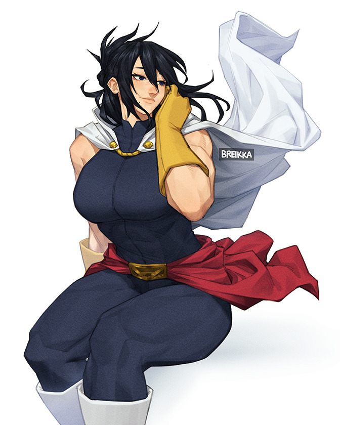 breikka, shimura nana, boku no hero academia, commentary, english commentary, 1girl, artist name, biceps, black eyes, black hair, bodysuit, boots, breasts, cape, closed mouth, floating cape, gloves, large breasts, mature female, medium hair, muscular, muscular female, simple background, sleeveless, sleeveless bodysuit, smile, solo, white background, white boots, white cape, yellow gloves