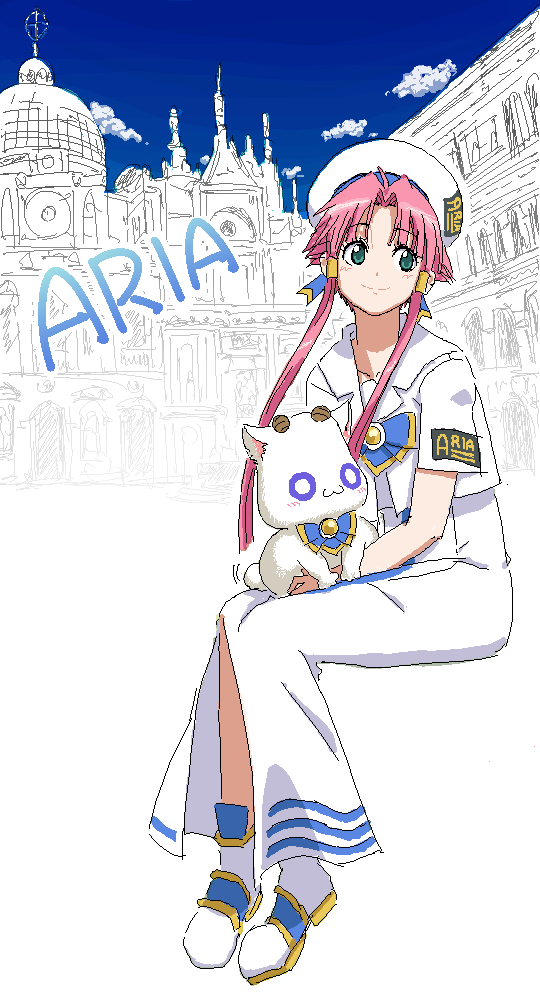 kazunari, mizunashi akari, aria (manga), 00s, blouse, building, hat, horns, oekaki, sailor, shirt, short hair with long locks, sitting, solo, white shirt