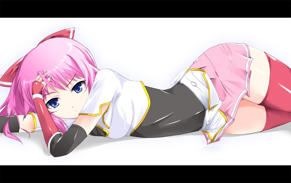 masaki eiji, izayoi touka, toushin toshi, toushin toshi iii, artistic error, blue eyes, elbow gloves, gloves, hip focus, letterboxed, lying, pink hair, skirt, solo, thighhighs, wide hips, zettai ryouiki