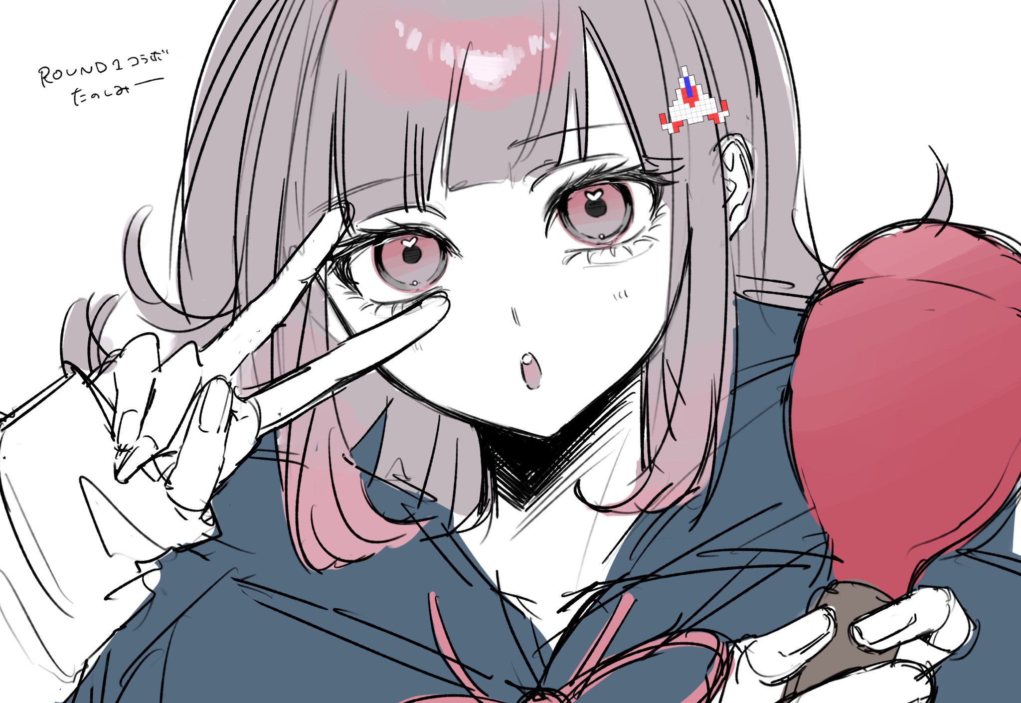 dn0lt, nanami chiaki, danganronpa (series), danganronpa 2: goodbye despair, highres, translation request, 1girl, :o, blush, hair ornament, hands up, holding, hood, hood down, neck ribbon, pink eyes, pink ribbon, portrait, ribbon, simple background, solo, v, white background