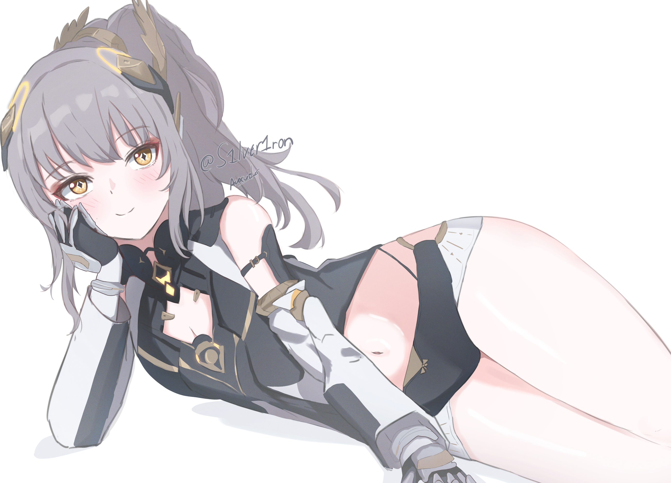 auxuelus, nanami: startrail (pgr), nanami (pgr), punishing: gray raven, highres, 1girl, bare shoulders, blush, breasts, cleavage cutout, closed mouth, clothing cutout, detached sleeves, gloves, grey hair, hair ornament, hand on own cheek, hand on own face, long hair, looking at viewer, lying, navel, on side, panties, ponytail, shirt, simple background, small breasts, smile, solo, thighs, underwear, white background, yellow eyes