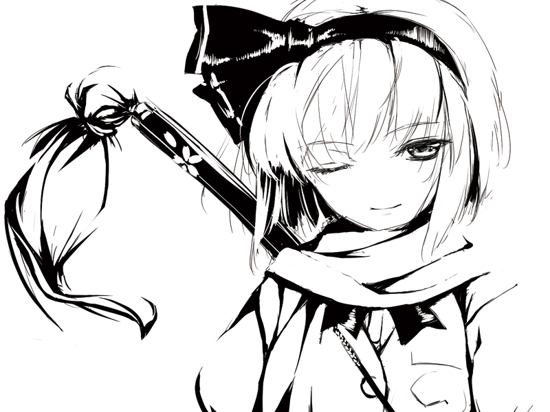 rokuwata tomoe, konpaku youmu, touhou, 1girl, female focus, greyscale, monochrome, one eye closed, scarf, simple background, sketch, smile, solo, wink