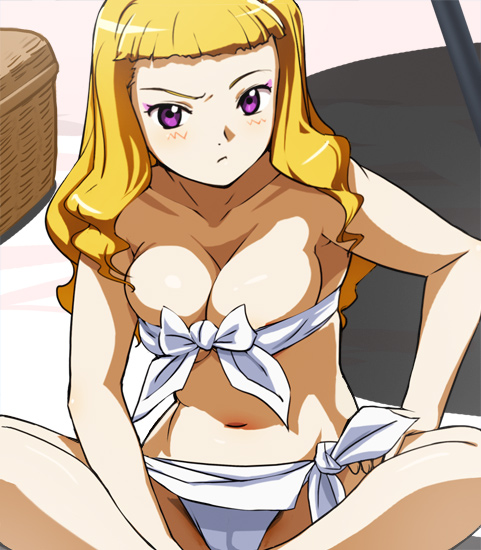 haruyama kazunori, suzushiro haruka, my-hime, 00s, 1girl, bikini, blonde hair, blush, breasts, cleavage, female focus, front-tie top, large breasts, long hair, navel, purple eyes, sitting, solo, swimsuit, white bikini