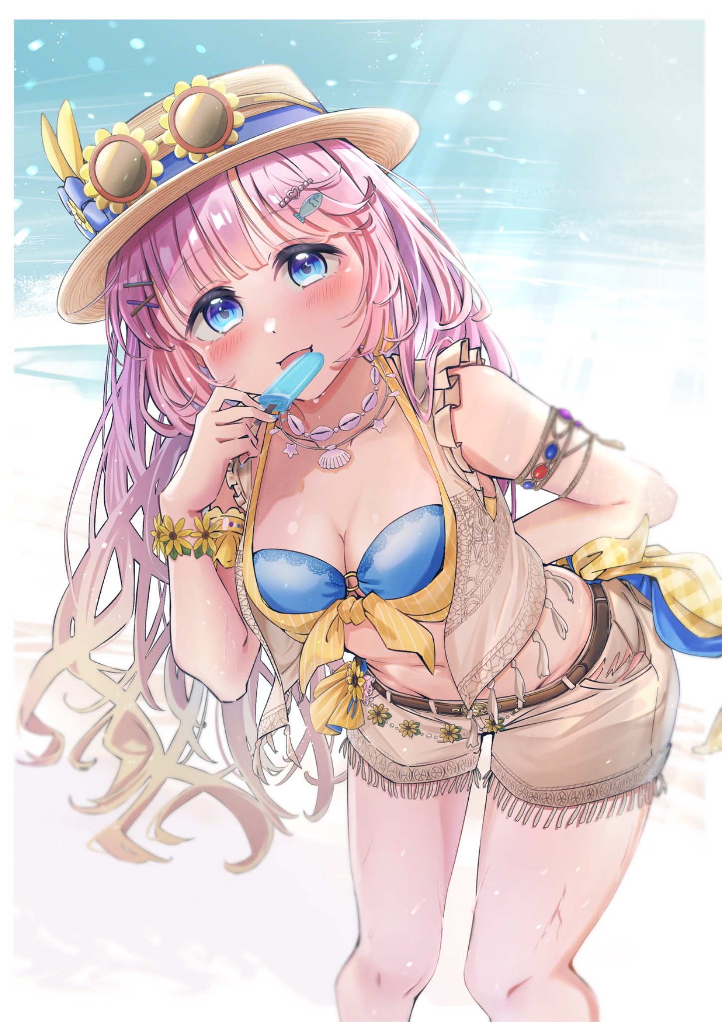 frontrivers kae, anyoji hime, link! like! love live!, love live!, commentary request, highres, 1girl, :d, bikini, bikini top only, blonde hair, blue bikini, blue eyes, blush, breasts, brown hat, cleavage, eyewear on headwear, feet out of frame, flower-shaped eyewear, food, gradient hair, grey shorts, hat, holding, holding food, holding popsicle, leaning forward, looking at viewer, medium breasts, multicolored hair, o-ring, o-ring bikini, o-ring top, official alternate costume, open mouth, pink hair, popsicle, short shorts, shorts, smile, solo, sunglasses, swimsuit, very! very! coconatsu, virtual youtuber