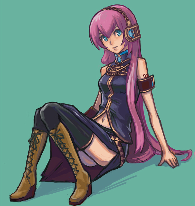 utu (ldnsft), megurine luka, vocaloid, 1girl, armband, black skirt, black thighhighs, blue eyes, boots, female focus, headphones, knee boots, long hair, long skirt, navel, pink hair, sitting, skirt, solo, thighhighs, very long hair
