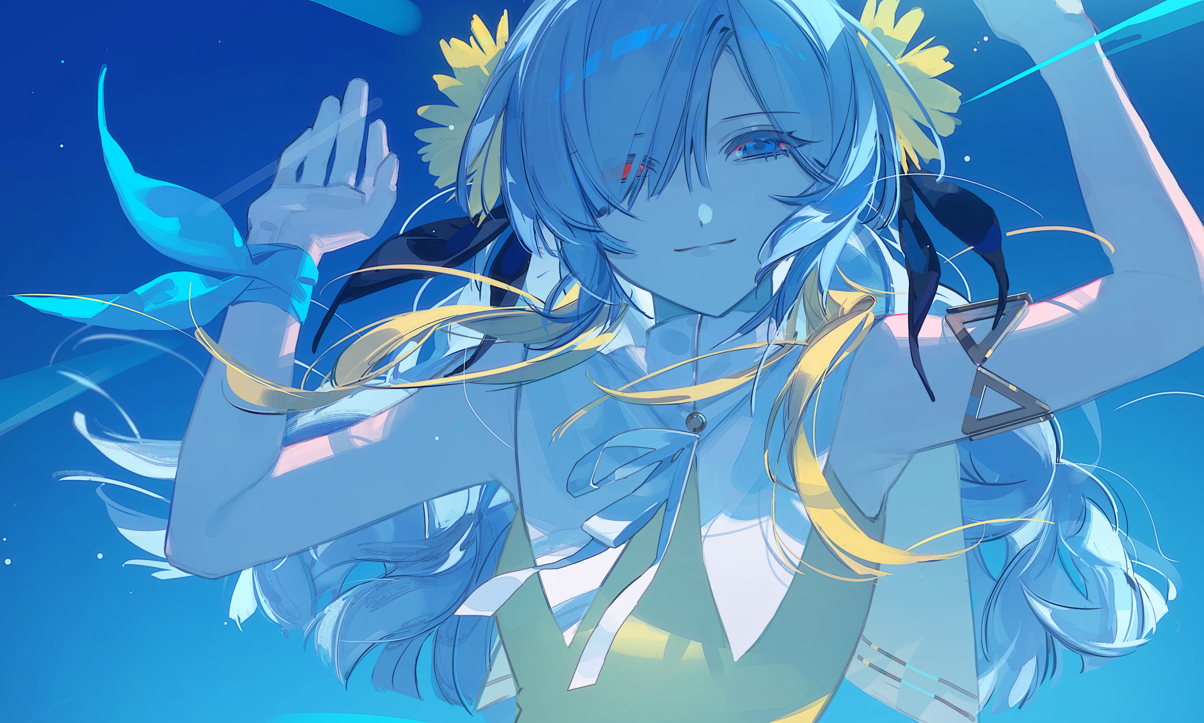 nyansky, isekaijoucho, kamitsubaki studio, absurdres, highres, 1girl, arms up, blonde hair, blue eyes, blue sky, dress, flower, grey hair, hair flower, hair ornament, heterochromia, long hair, looking at viewer, multicolored hair, red eyes, ribbon, sky, smile, solo, two-tone hair, upper body, wrist ribbon