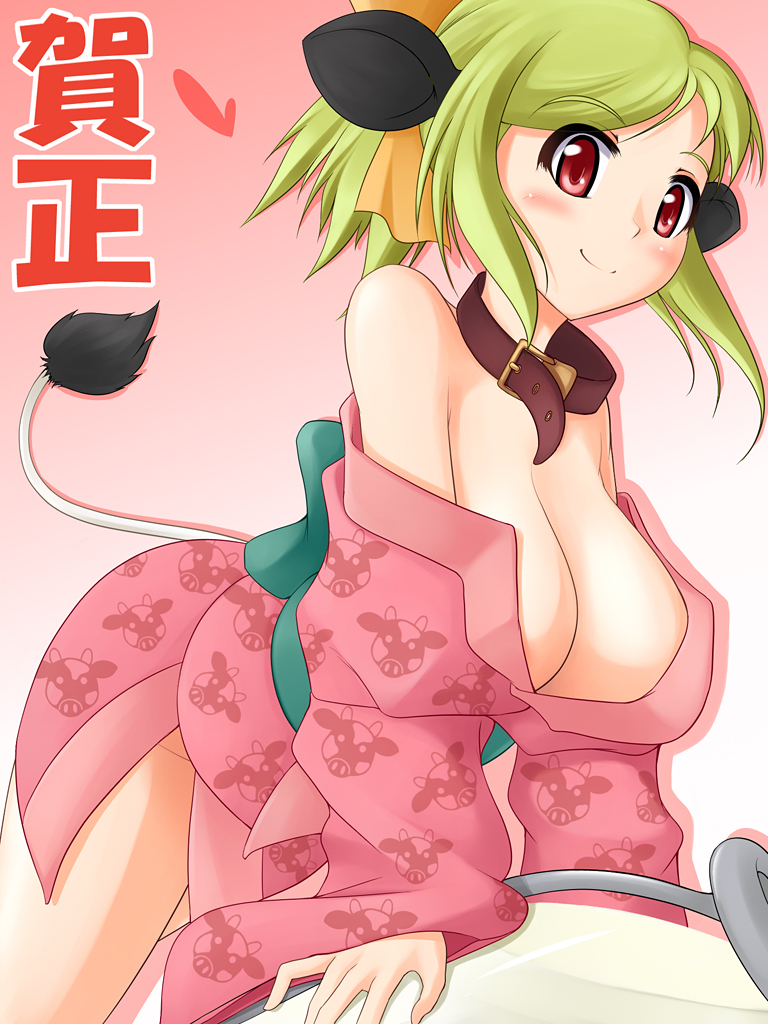 nekomanma (byougatei), original, character request, source request, 1girl, animal ears, blonde hair, breasts, cleavage, collar, cow ears, cow tail, female focus, japanese clothes, kimono, large breasts, new year, red eyes, solo, tail, yukata