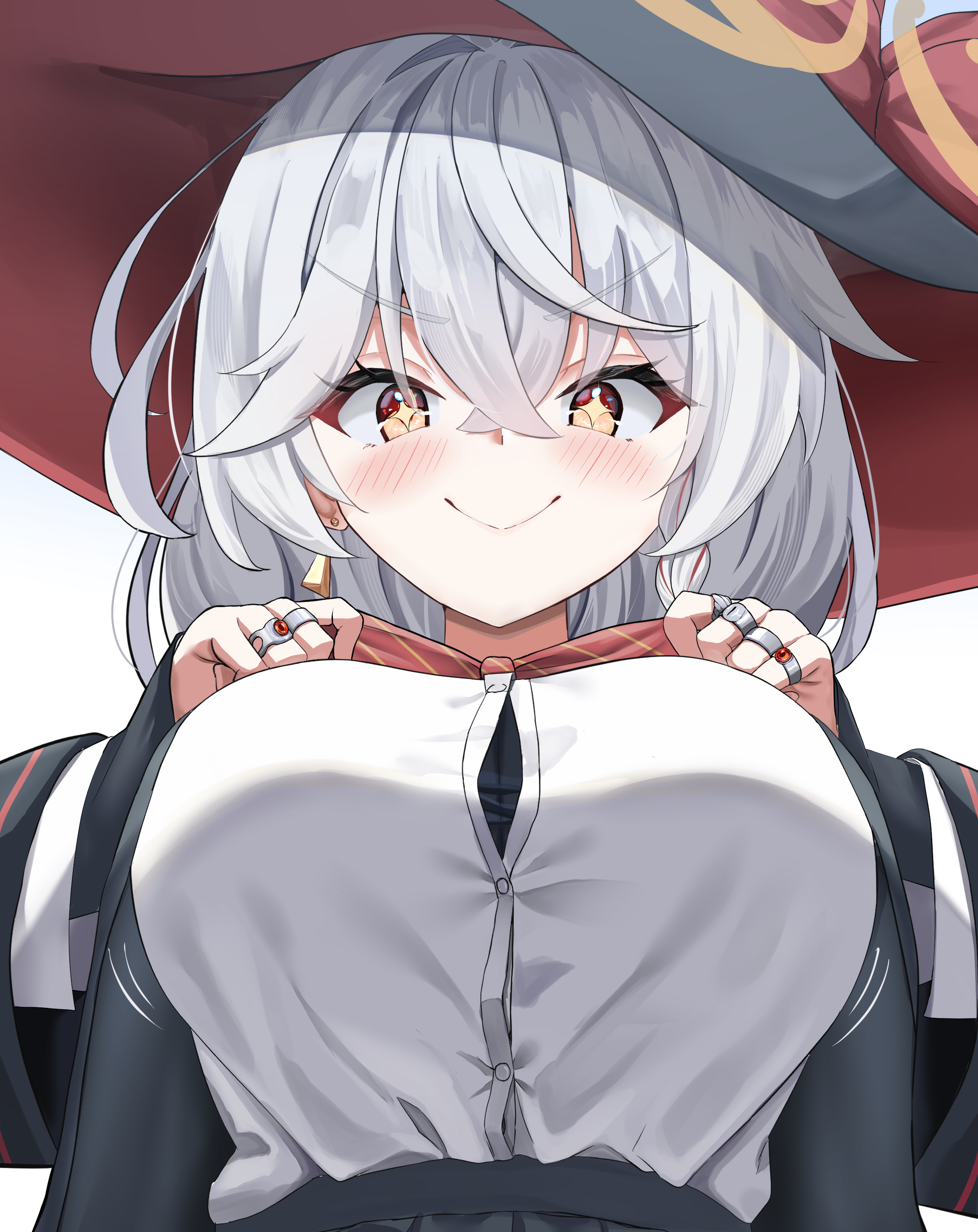 yoshino sakura (0db5t510388113n), eri (blue archive), blue archive, absurdres, commentary, highres, + +, 1girl, adjusting bowtie, black jacket, blush, bow, bowtie, breasts, closed mouth, grey hair, halo, hat, jacket, jewelry, large breasts, long sleeves, multiple rings, open clothes, open jacket, orange eyes, red bow, red bowtie, red hat, ring, shirt, simple background, smile, smug, solo, undershirt, upper body, v-shaped eyebrows, white background, white shirt, witch hat, yellow halo