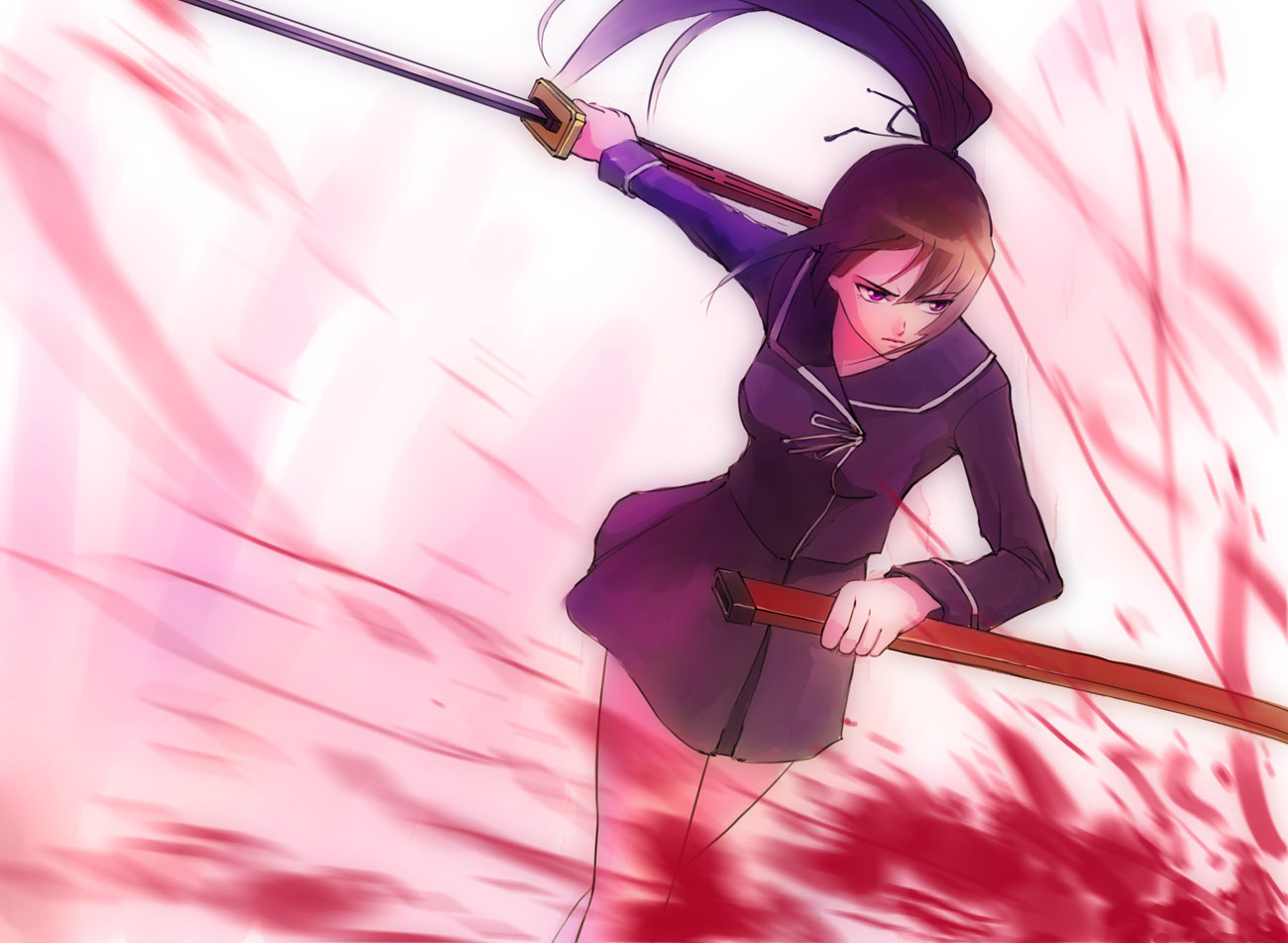zhenlin, isayama yomi, ga-rei, ga-rei zero, bad id, bad pixiv id, 00s, blood, brown hair, katana, ponytail, purple eyes, solo, sword, weapon