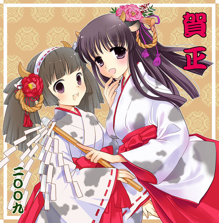 sakuragi akira, 00s, 2009, 2girls, :d, animal ears, animal print, black hair, blunt bangs, blush, border, brown background, camellia, cow ears, cow horns, cow print, flower, gohei, hair flower, hair ornament, hairband, hakama, hakama skirt, hand to own mouth, holding, horns, japanese clothes, long hair, looking at viewer, miko, multiple girls, nengajou, new year, oonusa, open mouth, outline, purple eyes, red hakama, ribbon-trimmed sleeves, ribbon trim, skirt, smile, tassel, twintails