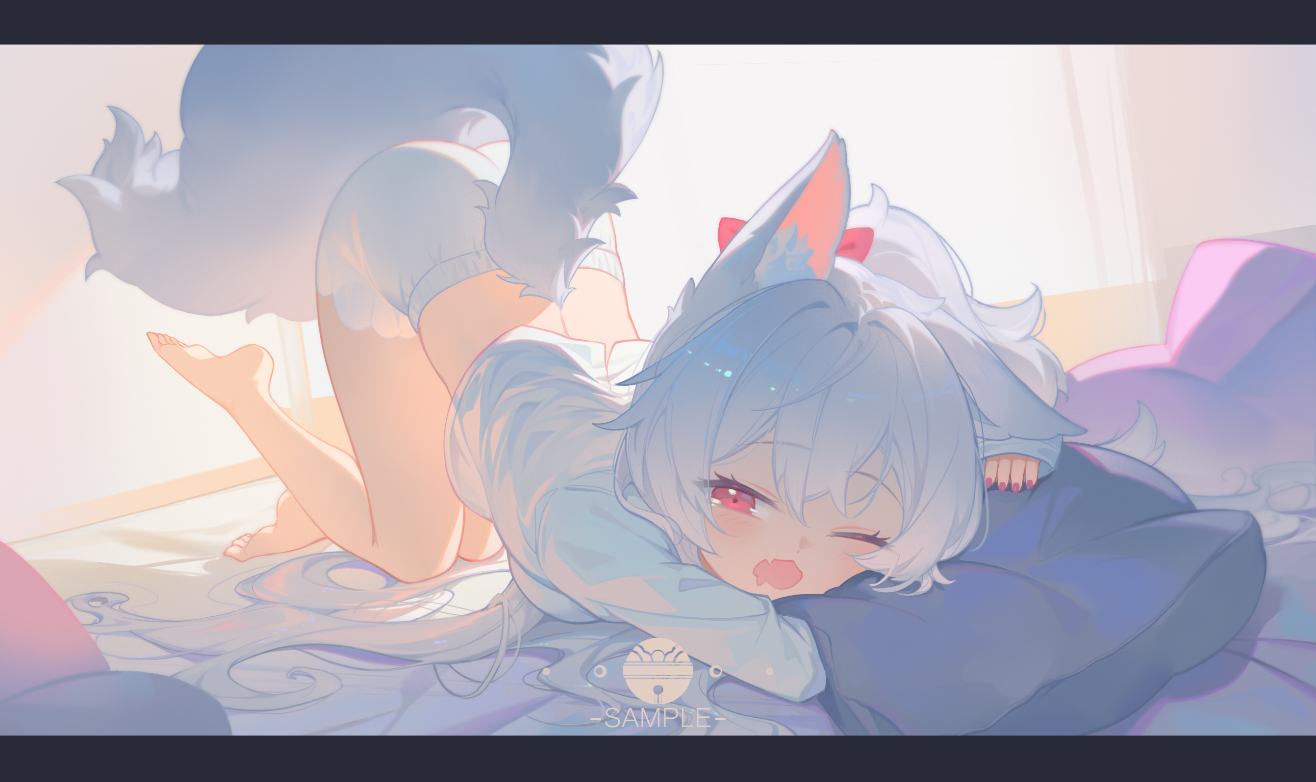 original, highres, 1girl, animal ears, barefoot, bed, breasts, cai xiao xi, drooling, fox ears, fox girl, fox tail, full body, hand under pillow, head on pillow, indoors, long hair, long sleeves, looking at viewer, medium breasts, mouth drool, on bed, one eye closed, open mouth, pillow, red eyes, shorts, sleepy, sleeves past wrists, tail, top-down bottom-up, white hair, white shorts, yawning