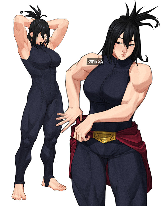 breikka, shimura nana, boku no hero academia, commentary, english commentary, 1girl, artist name, biceps, black eyes, black hair, bodysuit, breasts, closed mouth, full body, large breasts, mature female, medium hair, multiple views, muscular, muscular female, simple background, sleeveless, sleeveless bodysuit, solo, white background