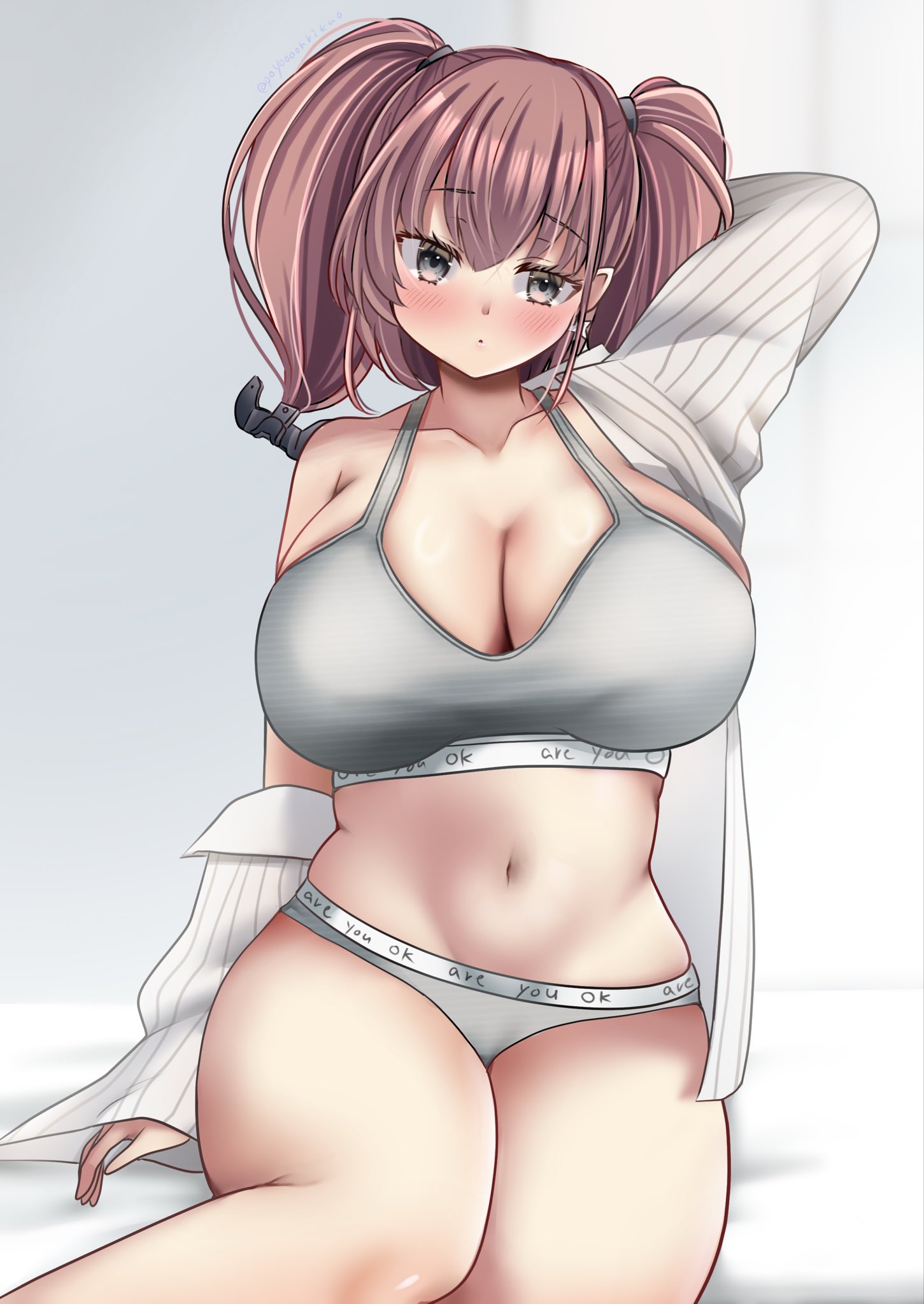 poyo teitoku, atlanta (kancolle), kantai collection, highres, 1girl, bed, blush, bra, breasts, brown hair, earrings, grey bra, grey eyes, grey panties, jewelry, large breasts, long hair, looking at viewer, open clothes, open shirt, panties, sitting, solo, star (symbol), star earrings, two side up, underwear, white background