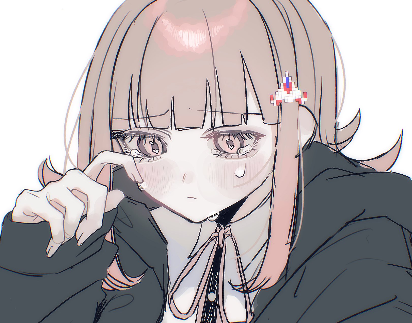 dn0lt, nanami chiaki, danganronpa (series), danganronpa 2: goodbye despair, highres, 1girl, black jacket, blush, brown hair, dress shirt, frown, grey background, jacket, long sleeves, medium hair, neck ribbon, open clothes, open jacket, pink eyes, pink ribbon, portrait, ribbon, shirt, simple background, solo, tearing up, two-tone shirt, white shirt