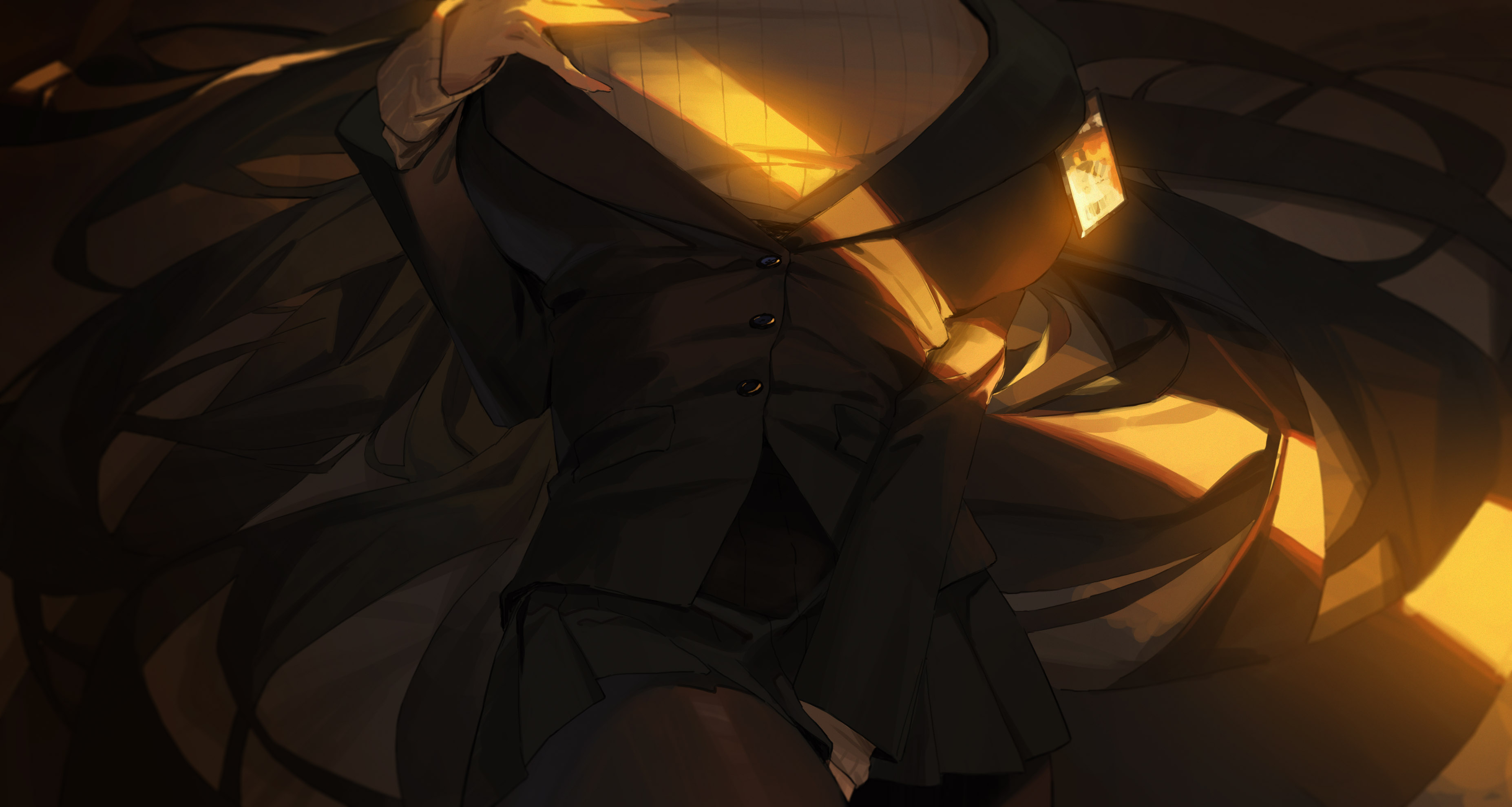 li-mi, rio (blue archive), blue archive, absurdres, commentary request, highres, 1girl, black jacket, blazer, breasts, dark, head out of frame, jacket, large breasts, long sleeves, lying, on back, solo, sweater, white sweater