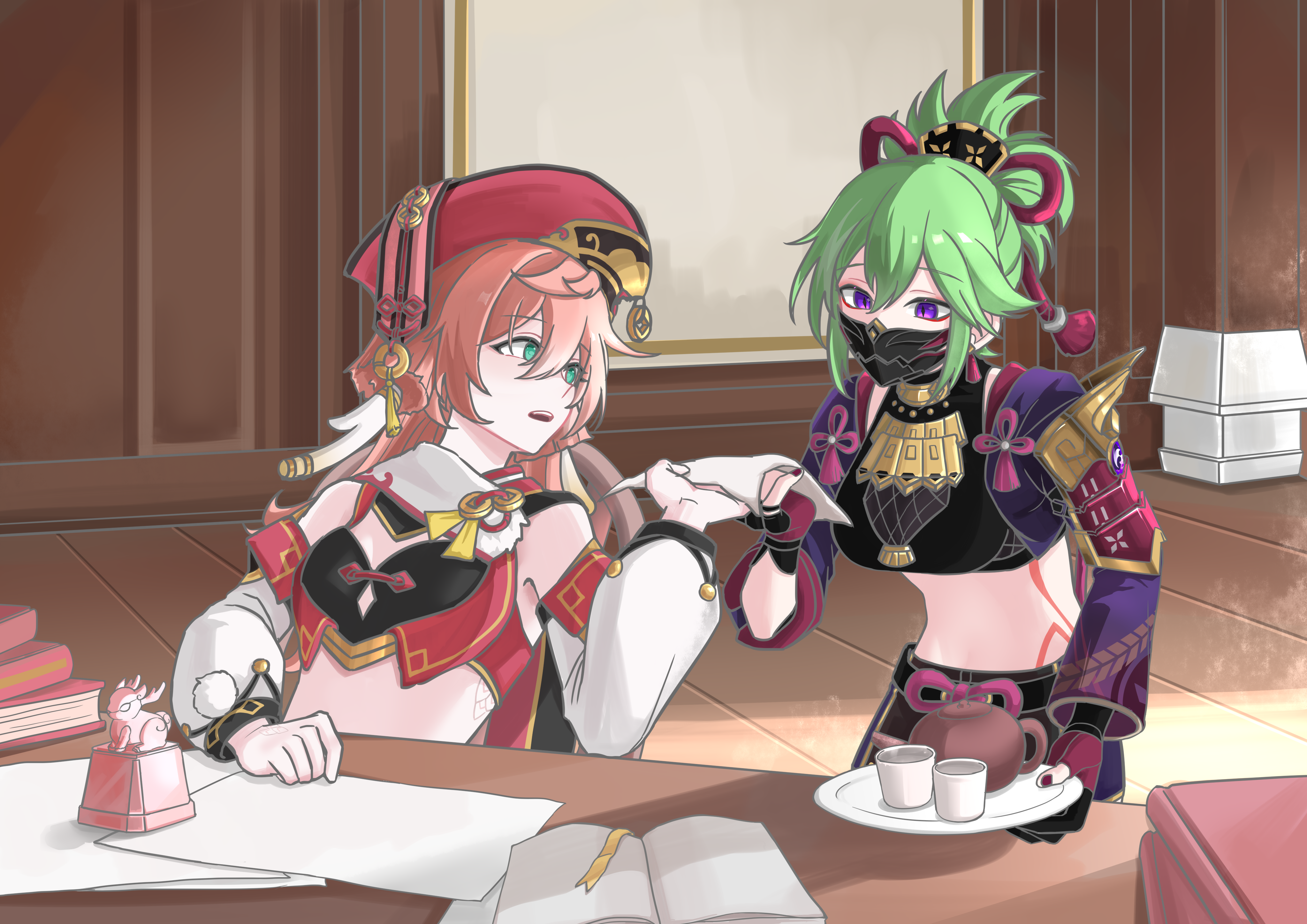 kuki shinobu, yanfei (genshin impact), genshin impact, absurdres, highres, 2girls, bare shoulders, black shirt, book, crop top, cup, detached sleeves, green eyes, green hair, hat, indoors, jacket, long hair, long sleeves, looking at another, mask, midriff, mouth mask, multiple girls, open clothes, open jacket, open mouth, paper, pink hair, ponytail, purple eyes, purple jacket, red hat, shirt, stomach, yixing (zahk7533)