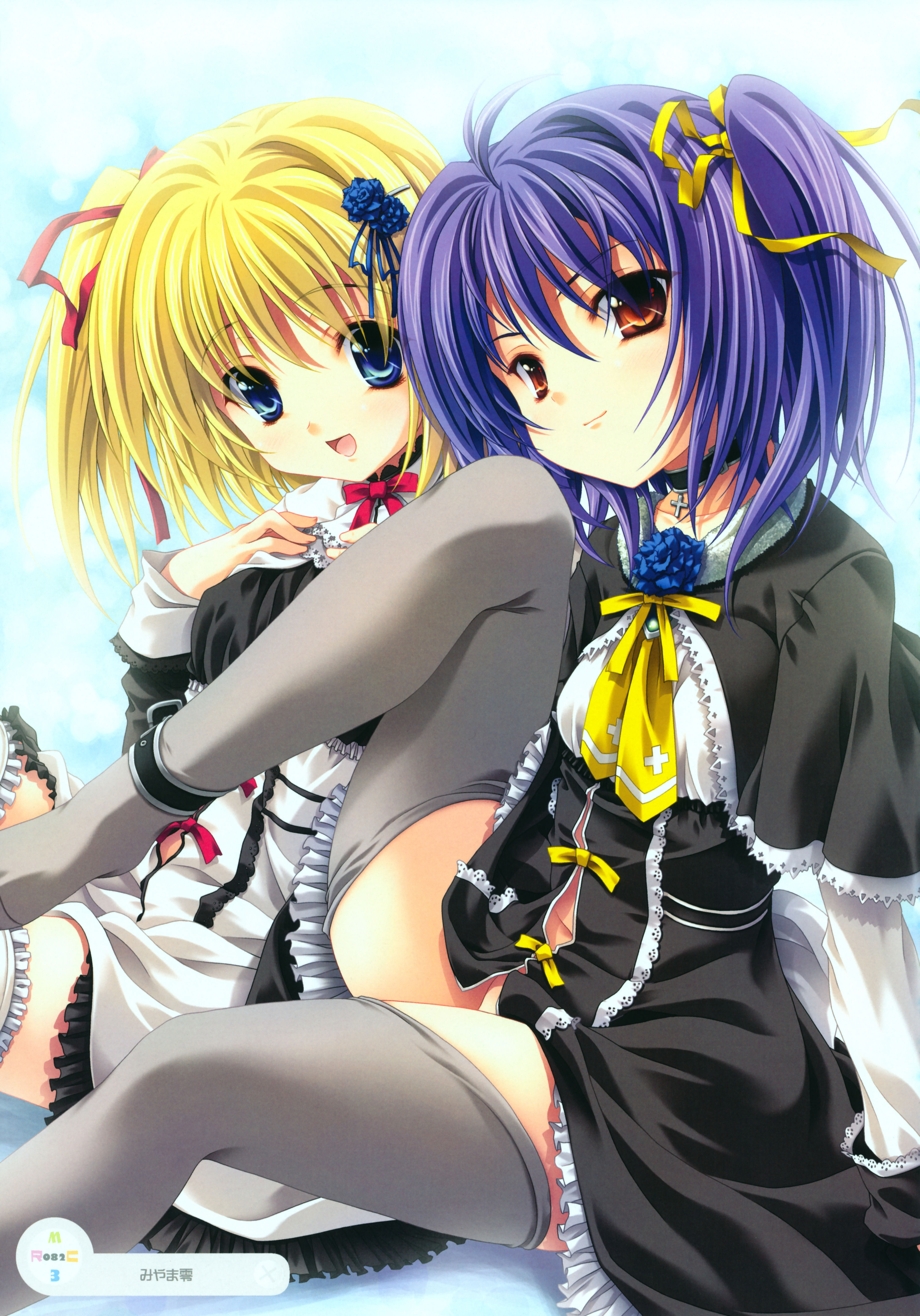 miyama-zero, absurdres, highres, 2girls, blonde hair, blue eyes, blue hair, multiple girls, orange eyes, thighhighs