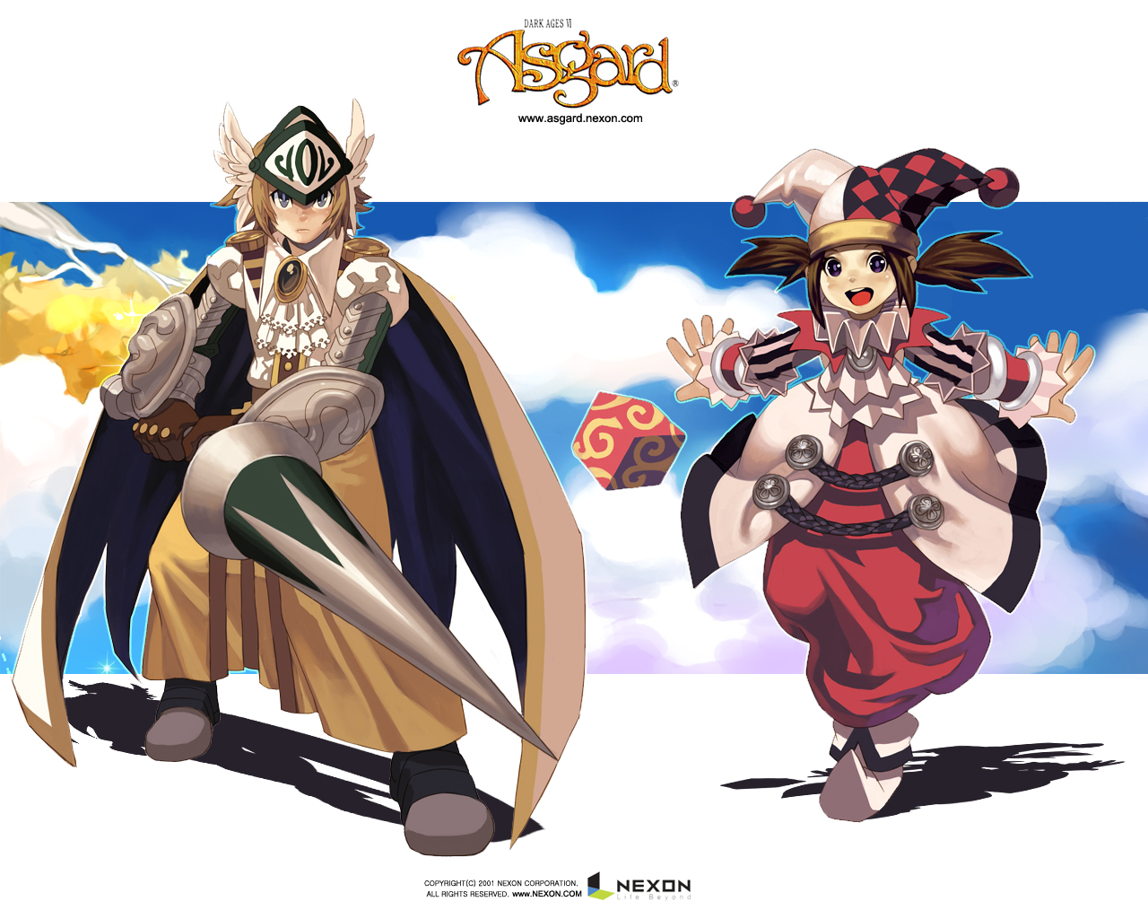 asgard, nexon, artist request, official art, official wallpaper, second-party source, 1boy, 1girl, argyle clothes, argyle hat, ascot, belt, black gemstone, black hat, black mouth, black sleeves, blonde hair, blue cape, blue sky, branch, brooch, brown belt, brown gloves, brown hair, brown shoes, buttons, cape, cloud, coat, collared shirt, company name, copyright name, copyright notice, cube, dress shirt, fighting stance, floating, floating object, frown, full body, gem, gloves, grey eyes, grey gemstone, grey pupils, hat, helmet, impasto, jester cap, jewelry, jumpsuit, lace-trimmed ascot, lance, legs apart, letterboxed, light frown, logo, long skirt, looking at viewer, multicolored hat, neck ruff, onesie, open hands, open mouth, outstretched arms, plain epaulettes, pointy shoes, polearm, puffy sleeves, purple eyes, purple pupils, red hat, red jumpsuit, red wrist cuffs, rerebrace, shadow, shirt, shoes, sidelocks, silver armor, simple background, skirt, sky, spread arms, standing, striped clothes, teeth, tongue, twintails, two-sided cape, two-sided fabric, two-tone sleeves, upper teeth only, vambraces, vertical-striped clothes, vertical-striped sleeves, walking towards viewer, watermark, weapon, web address, white ascot, white coat, white hat, white shirt, white shoes, white sleeves, white wings, wing collar, winged helmet, wings, wrist cuffs, wrist guards, yellow cape, yellow leaves, yellow skirt