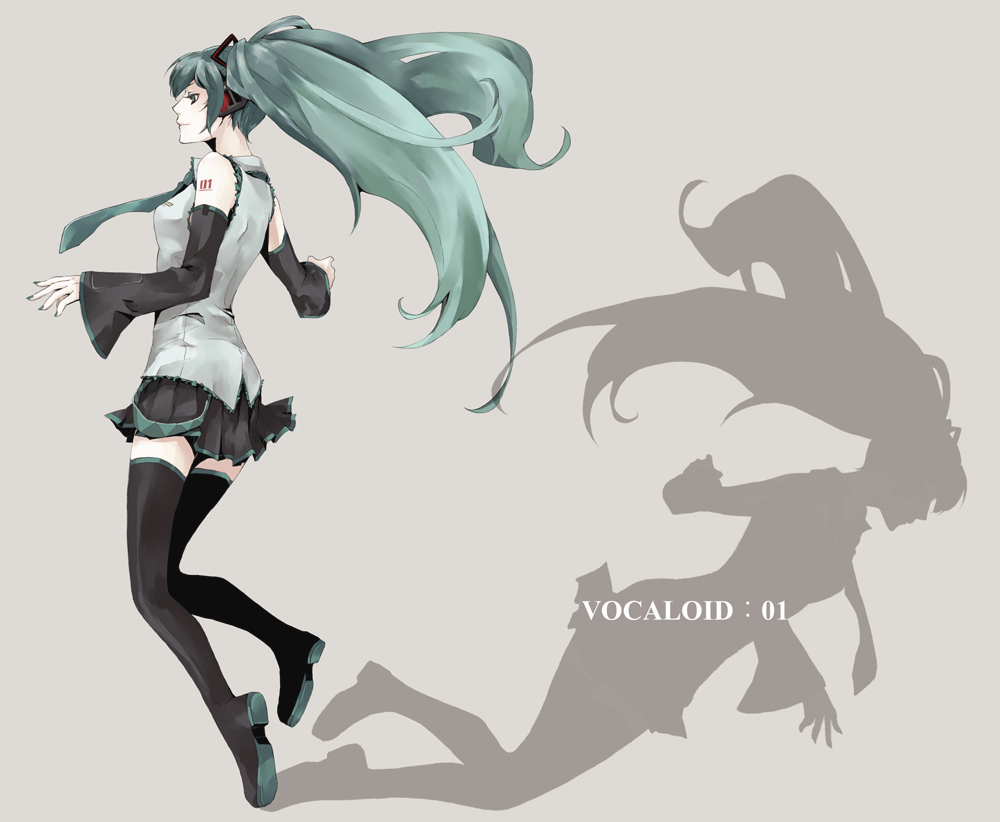 moirae, hatsune miku, vocaloid, bad id, bad pixiv id, detached sleeves, green hair, shadow, skirt, solo, thighhighs, twintails, zettai ryouiki