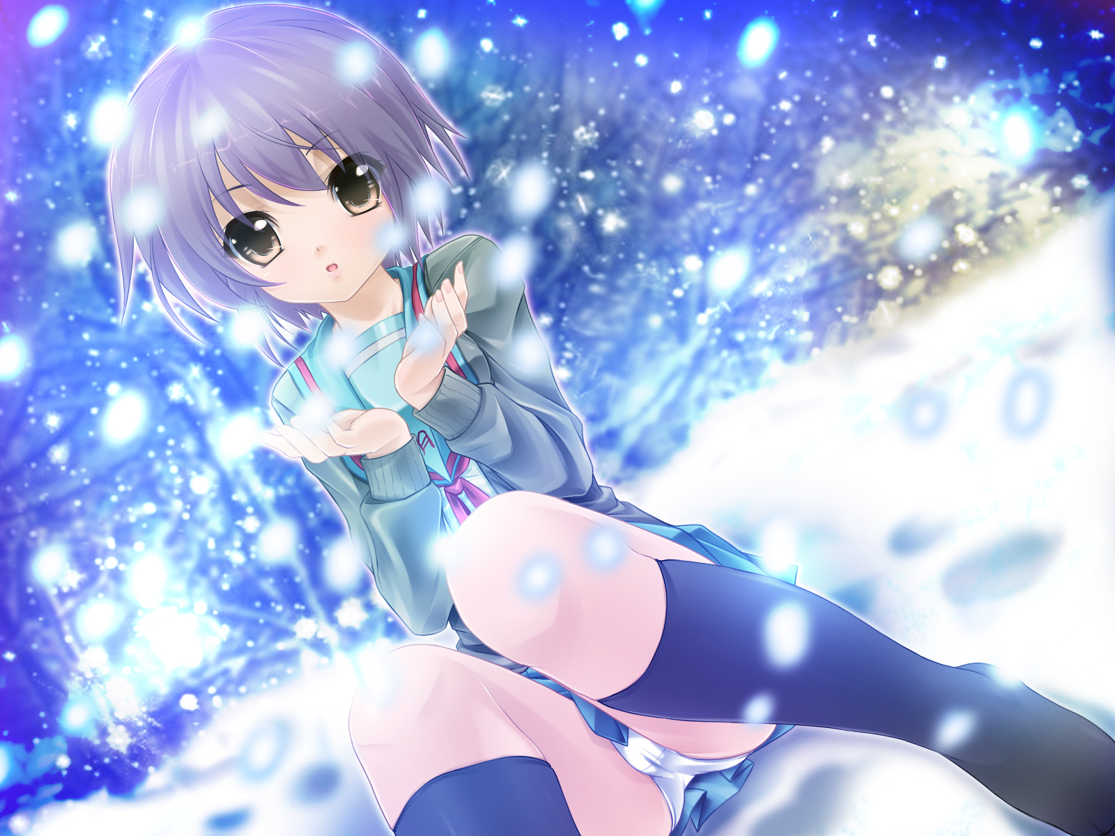 yukinon, yukinon (tsuki koubou), nagato yuki, suzumiya haruhi no yuuutsu, light purple hair, highres, 00s, 1girl, brown eyes, female focus, kneehighs, panties, pantyshot, school uniform, serafuku, short hair, snow, socks, solo, underwear