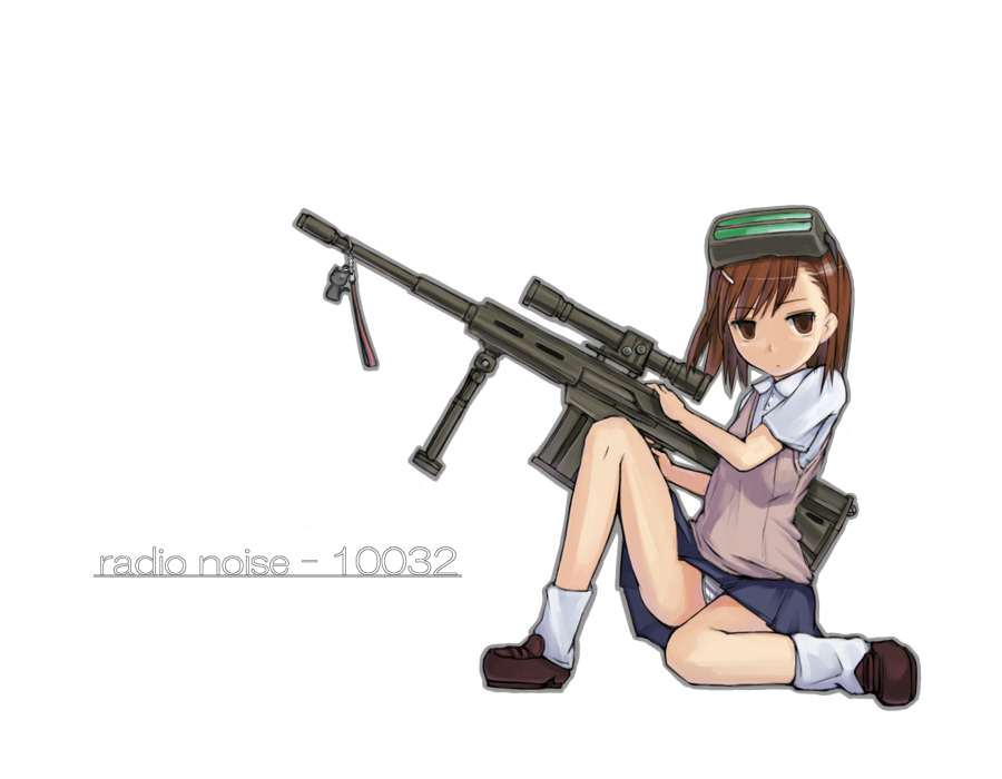 megane chuu, misaka imouto, misaka imouto 10032, toaru majutsu no index, visor, 00s, 2009, bipod, brown eyes, brown hair, clone, flat chest, full body, gun, hair ornament, hairclip, head-mounted display, loose socks, matching hair/eyes, panties, pantyshot, rifle, school uniform, scope, short hair, skirt, socks, solo, striped clothes, striped panties, summer uniform, tokiwadai school uniform, underwear, weapon