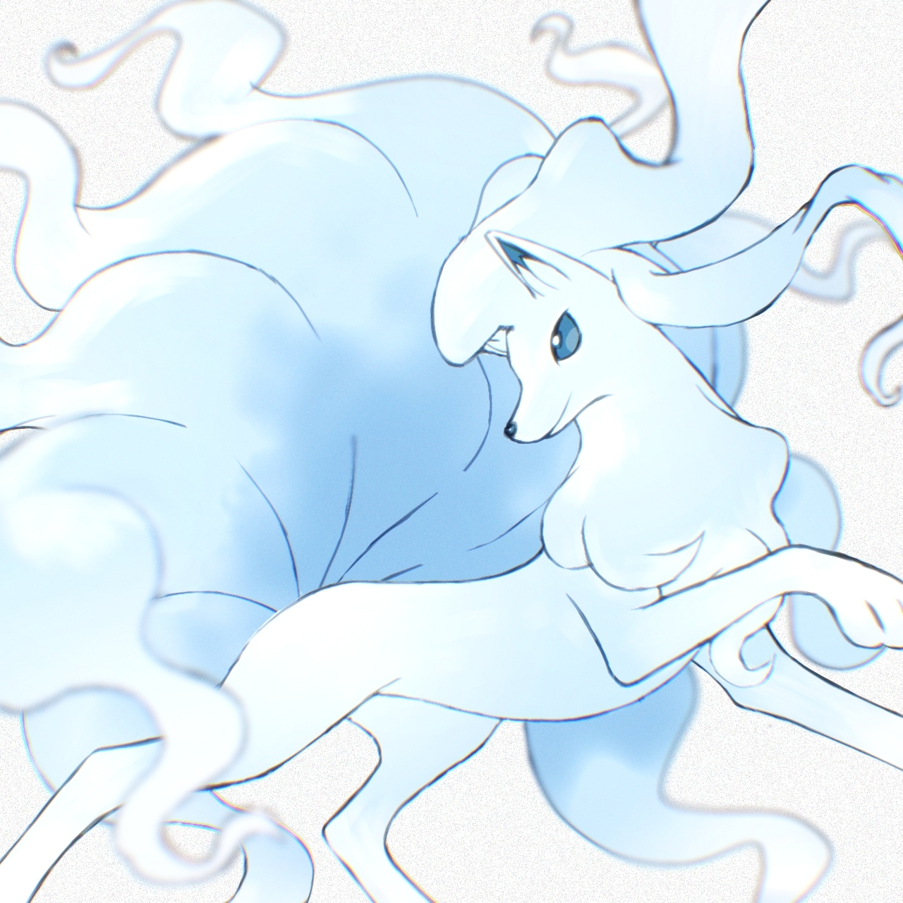 miromari, alolan ninetales, nintendo, pokemon, commentary request, highres, alolan form, blue eyes, blurry, chromatic aberration, closed mouth, depth of field, from side, gen 7 pokemon, no humans, pokemon (creature), pokemon focus, solo, white background