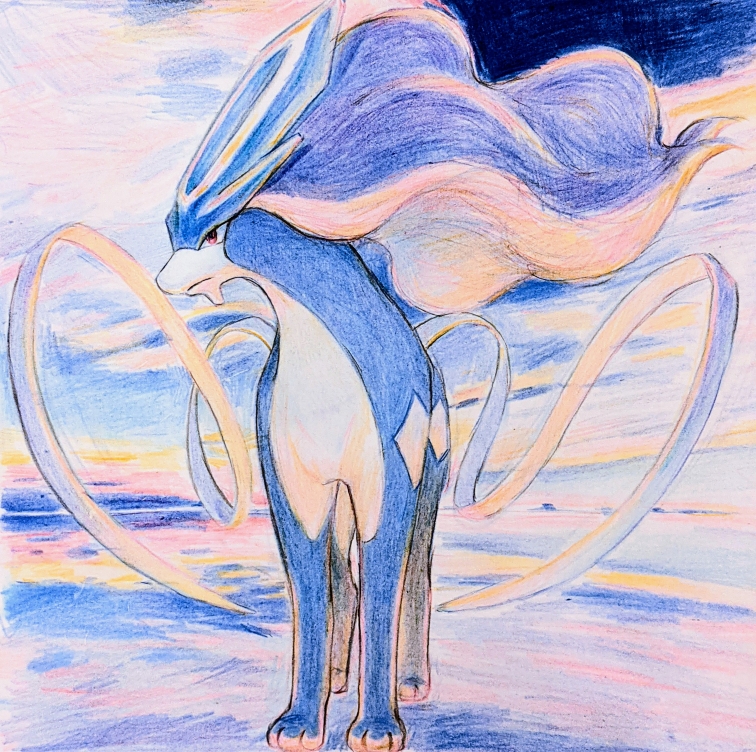 miromari, suicune, nintendo, pokemon, colored pencil (medium), commentary request, traditional media, brown eyes, closed mouth, gen 2 pokemon, legendary pokemon, looking to the side, no humans, outdoors, pokemon (creature), pokemon focus, solo, standing