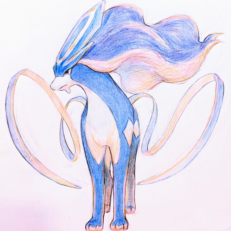 miromari, suicune, nintendo, pokemon, colored pencil (medium), commentary request, traditional media, brown eyes, closed mouth, gen 2 pokemon, legendary pokemon, looking to the side, no humans, pokemon (creature), pokemon focus, solo, standing, white background
