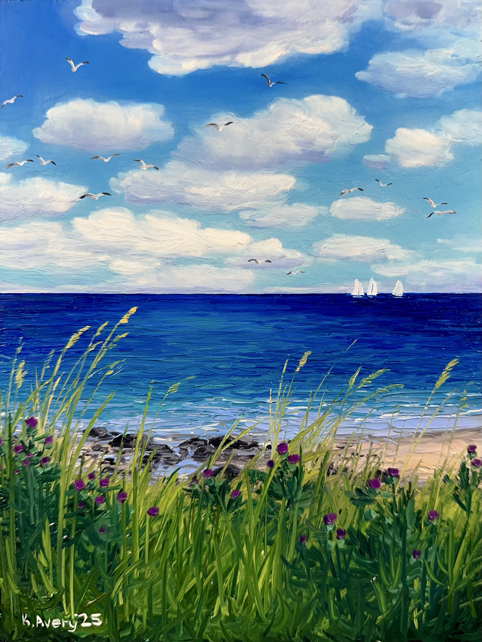 kate avery, original, commentary, english commentary, highres, oil painting (medium), painting (medium), traditional media, artist name, beach, bird, blue sky, boat, cloud, cloudy sky, day, england, flower, grass, horizon, no humans, ocean, outdoors, purple flower, sailboat, scenery, seagull, shore, sky, watercraft
