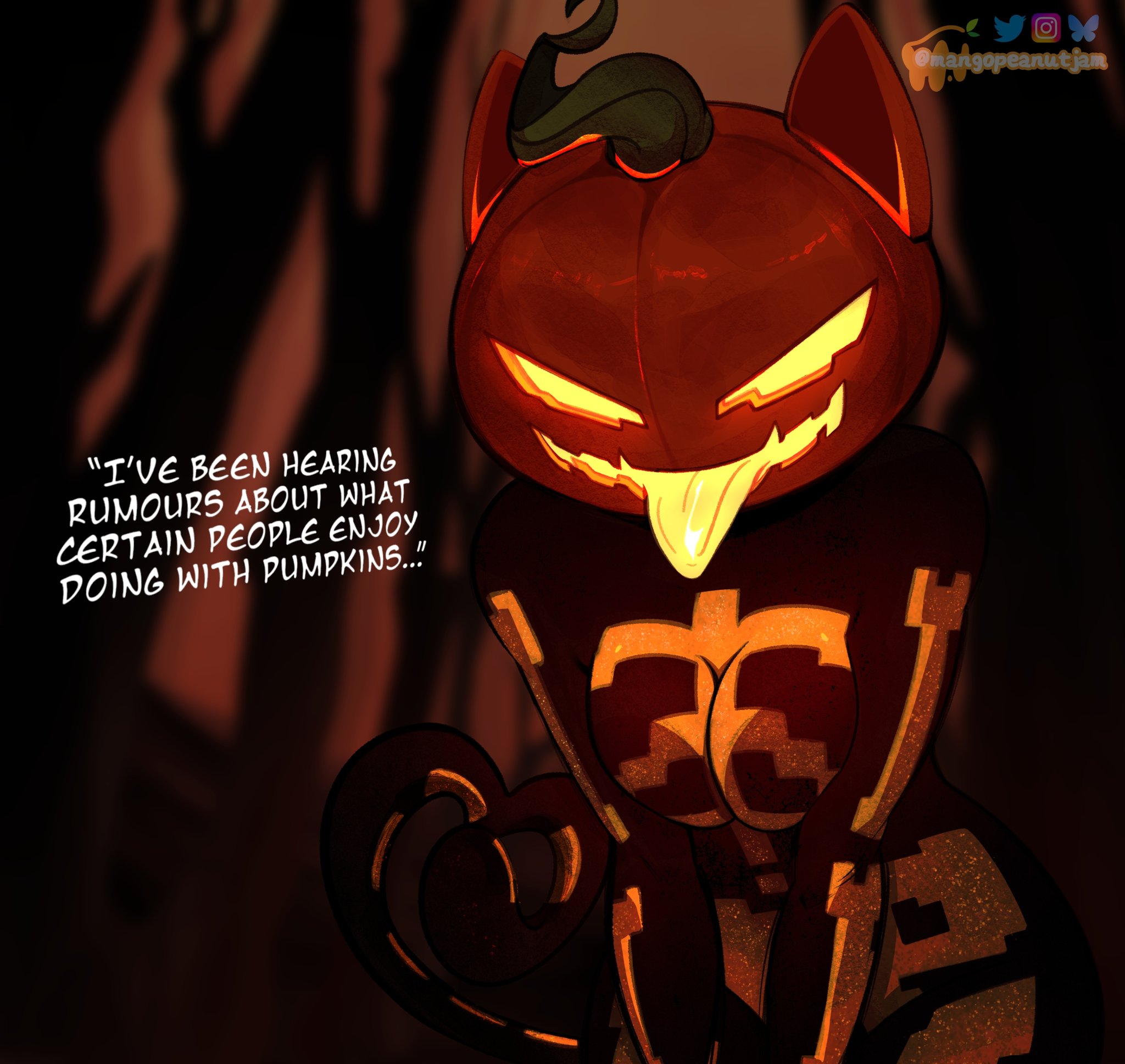 mangopeanutjam, fortnite, highres, 1girl, animal ears, artist name, black bodysuit, bodysuit, cat ears, cat tail, colored tongue, cowboy shot, english text, glowing, glowing eyes, hollow eyes, leaning forward, looking at viewer, pumpkin head, smile, solo, tail, tongue, tongue out, watermark, yellow bodysuit, yellow eyes, yellow tongue