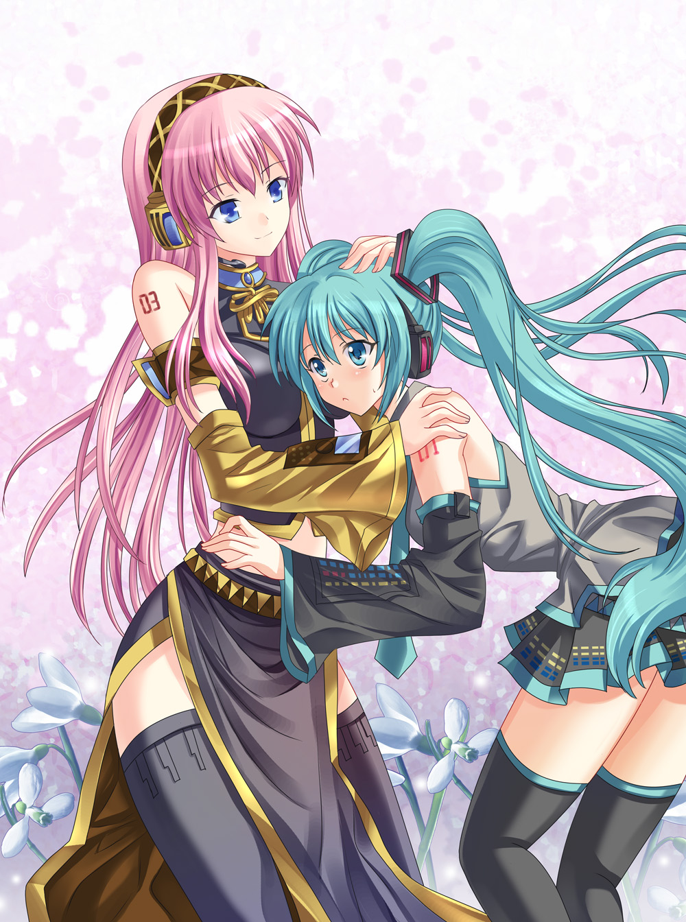 pico (picollector79), hatsune miku, megurine luka, vocaloid, bad id, bad pixiv id, highres, 2girls, aqua hair, detached sleeves, flower, headset, long hair, multiple girls, thighhighs, twintails, very long hair, yuri