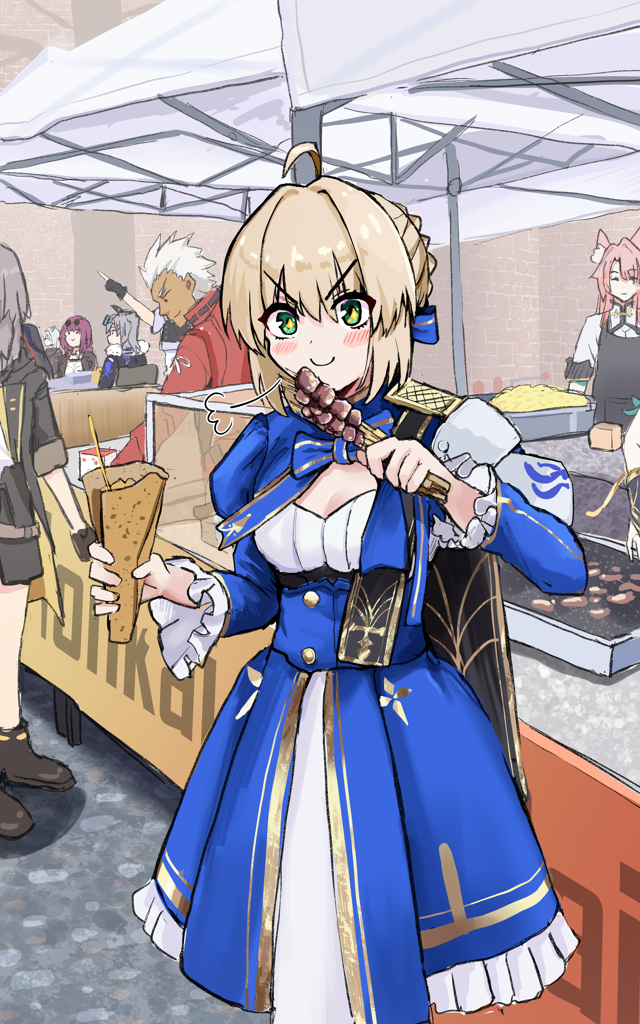 archer (fate), archer (honkai: star rail) (fate), artoria pendragon (fate), firefly (honkai: star rail), kafka (honkai: star rail), saber (fate), saber (honkai: star rail) (fate), silver wolf (honkai: star rail), stelle (honkai: star rail), trailblazer (honkai: star rail), fate/stay night, fate/unlimited blade works, fate (series), honkai: star rail, honkai (series), absurdres, character request, highres, 2boys, 6+girls, ahoge, blonde hair, blue dress, blue ribbon, blush, closed mouth, dark-skinned male, dark skin, dress, eating, food, gold trim, green eyes, grey hair, hair ribbon, holding, holding food, long hair, long sleeves, looking at viewer, multiple boys, multiple girls, notonaon, official alternate costume, ponytail, profile, purple hair, ribbon, short hair, smile, symbol-shaped pupils, white hair