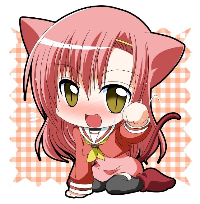 watsuki ayamo, katsura hinagiku, hayate no gotoku!, 00s, animal ears, blush, cat ears, cat tail, chibi, fang, pink hair, school uniform, solo, tail, thighhighs, yellow eyes