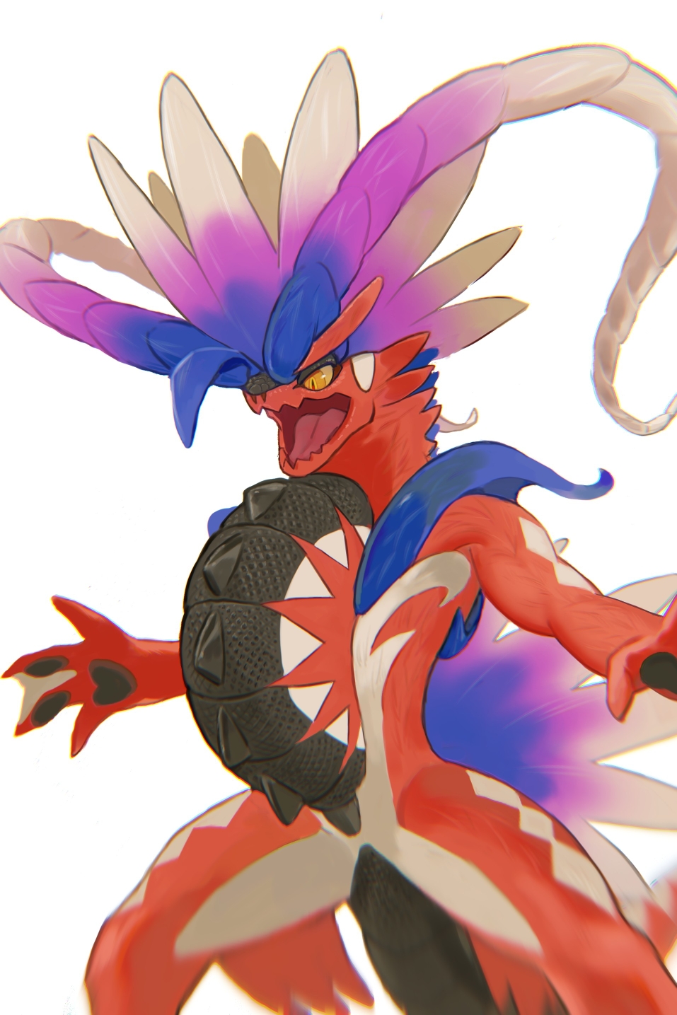 miromari, koraidon, nintendo, pokemon, commentary request, highres, blurry, legs apart, looking down, no humans, open mouth, pokemon (creature), pokemon focus, puffing up, solo, tongue, white background, yellow eyes