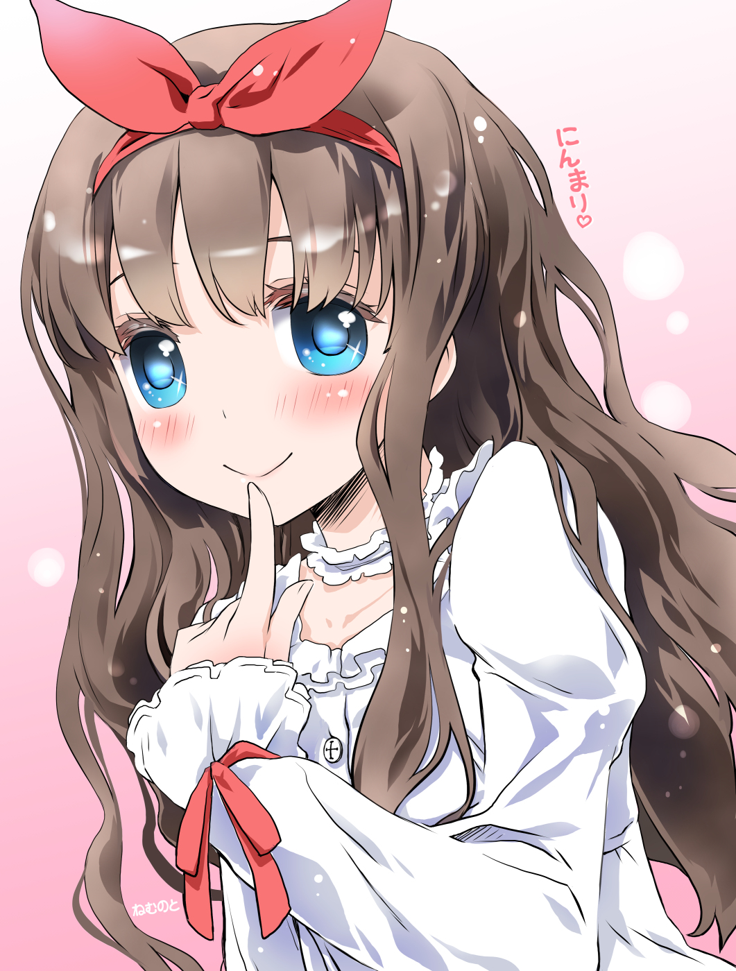 noto (soranoto), original, highres, 1girl, blue eyes, blush, brown hair, dress, finger to own chin, flat chest, hairband, long hair, smile, solo, upper body, white dress