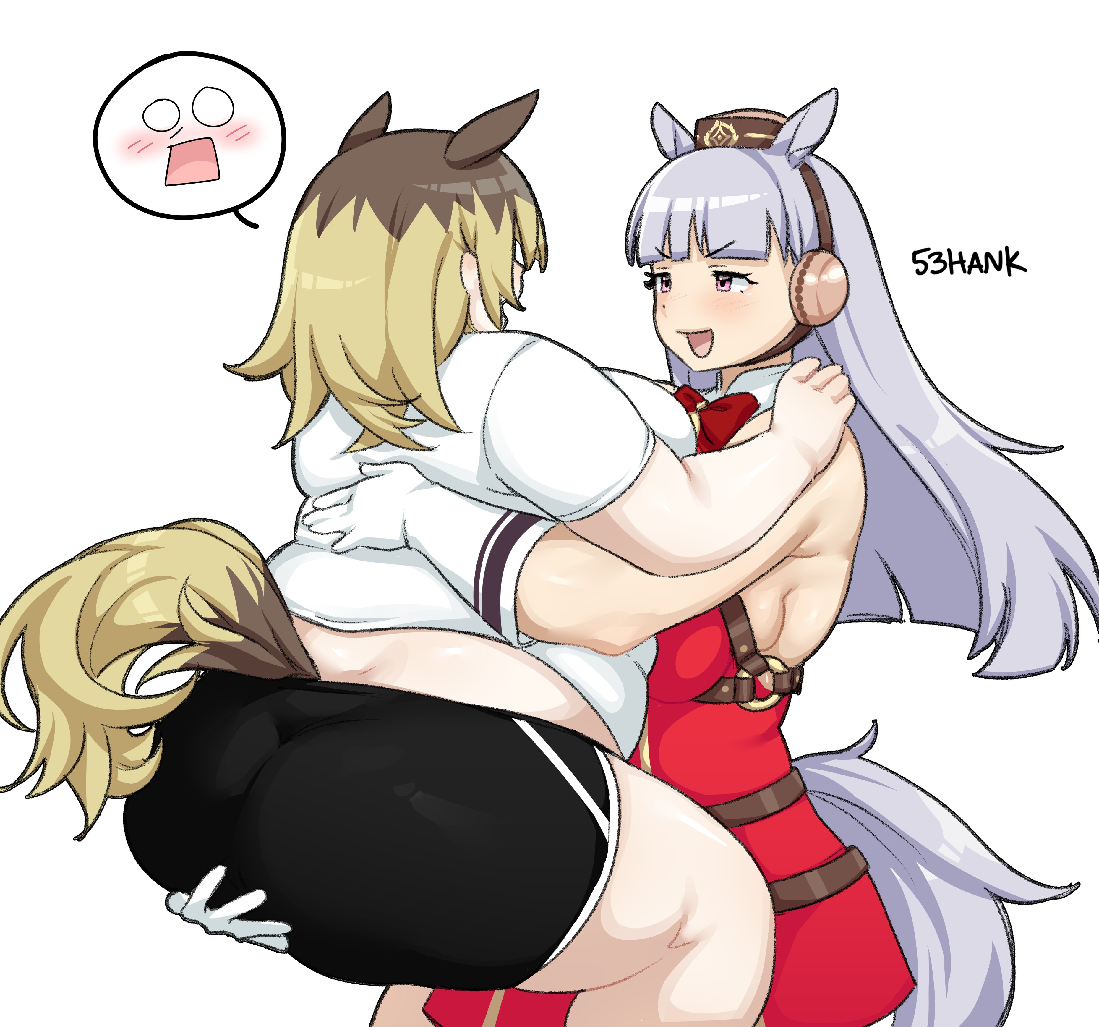 53hank, gold ship (umamusume), original, umamusume, absurdres, highres, 2girls, animal ears, artist name, black shorts, blonde hair, blunt bangs, blush, bow, breasts, brown hair, brown hat, brown tail, carrying, carrying person, fat, feet out of frame, gloves, grey hair, hat, horse ears, horse girl, large breasts, long hair, multicolored hair, multiple girls, o-ring, open mouth, pillbox hat, red bow, shorts, simple background, speech bubble, spoken expression, tail, thick arms, thick thighs, thighs, two-tone hair, white background, white gloves