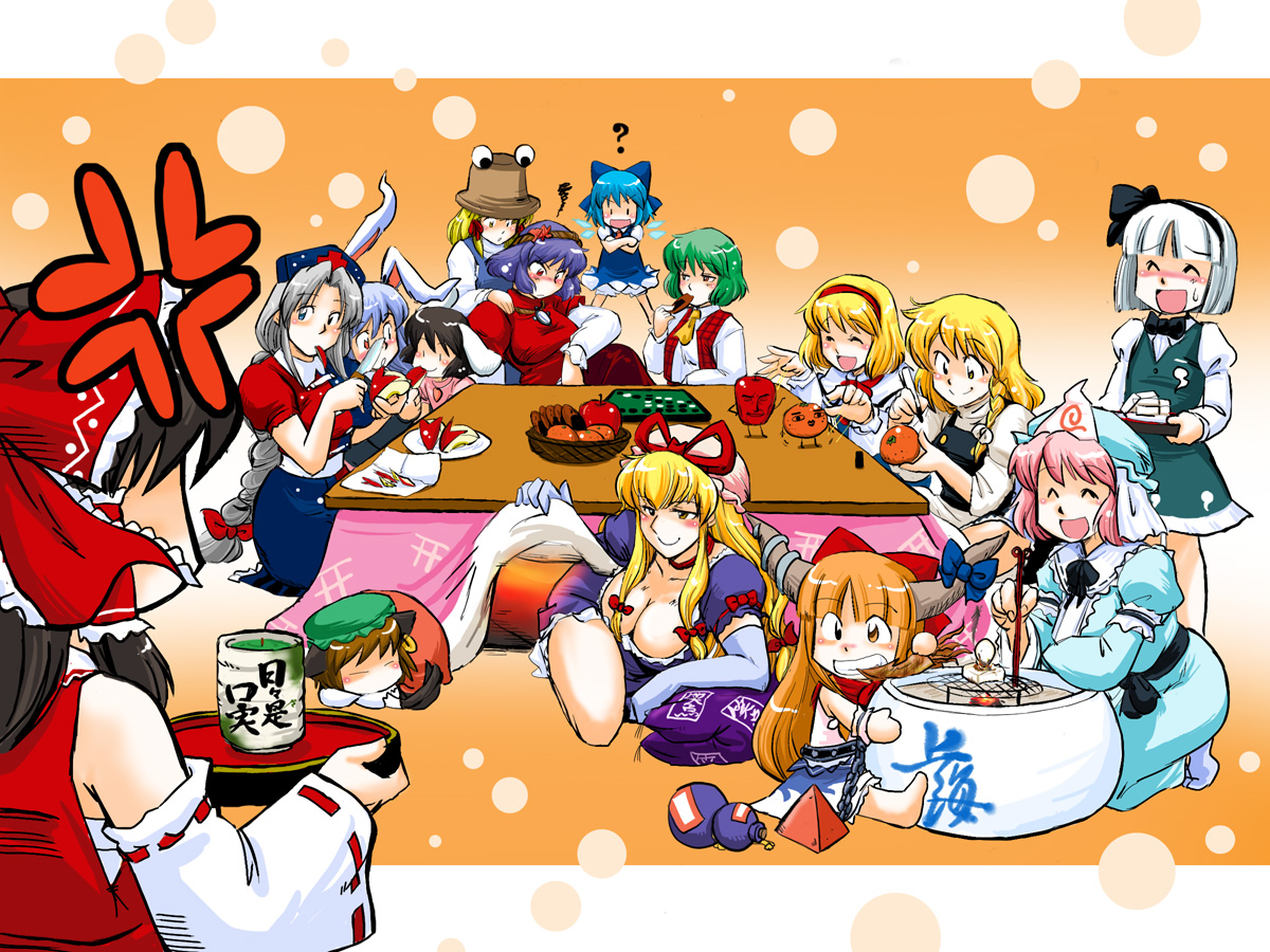 azuki osamitsu, alice margatroid, chen, cirno, hakurei reimu, ibuki suika, inaba tewi, kazami yuuka, kirisame marisa, konpaku youmu, mikan seijin, moriya suwako, reisen udongein inaba, saigyouji yuyuko, yagokoro eirin, yakumo yukari, yasaka kanako, touhou, ugo ugo ruuga, 6+girls, ^ ^, anger vein, animal ears, apple, ascot, blonde hair, board game, breasts, chibi, chopsticks, cleavage, closed eyes, cup, eating, everyone, female focus, food, fruit, green tea, grill, hairband, hat, horns, japanese clothes, knife, kotatsu, large breasts, long hair, mandarin orange, marker, miko, mochi, mug, multiple girls, orange (fruit), orange background, party, plaid clothes, plaid vest, reversi, ribbon, short hair, sleeping, smile, squid, table, tea, vest, wagashi, yunomi