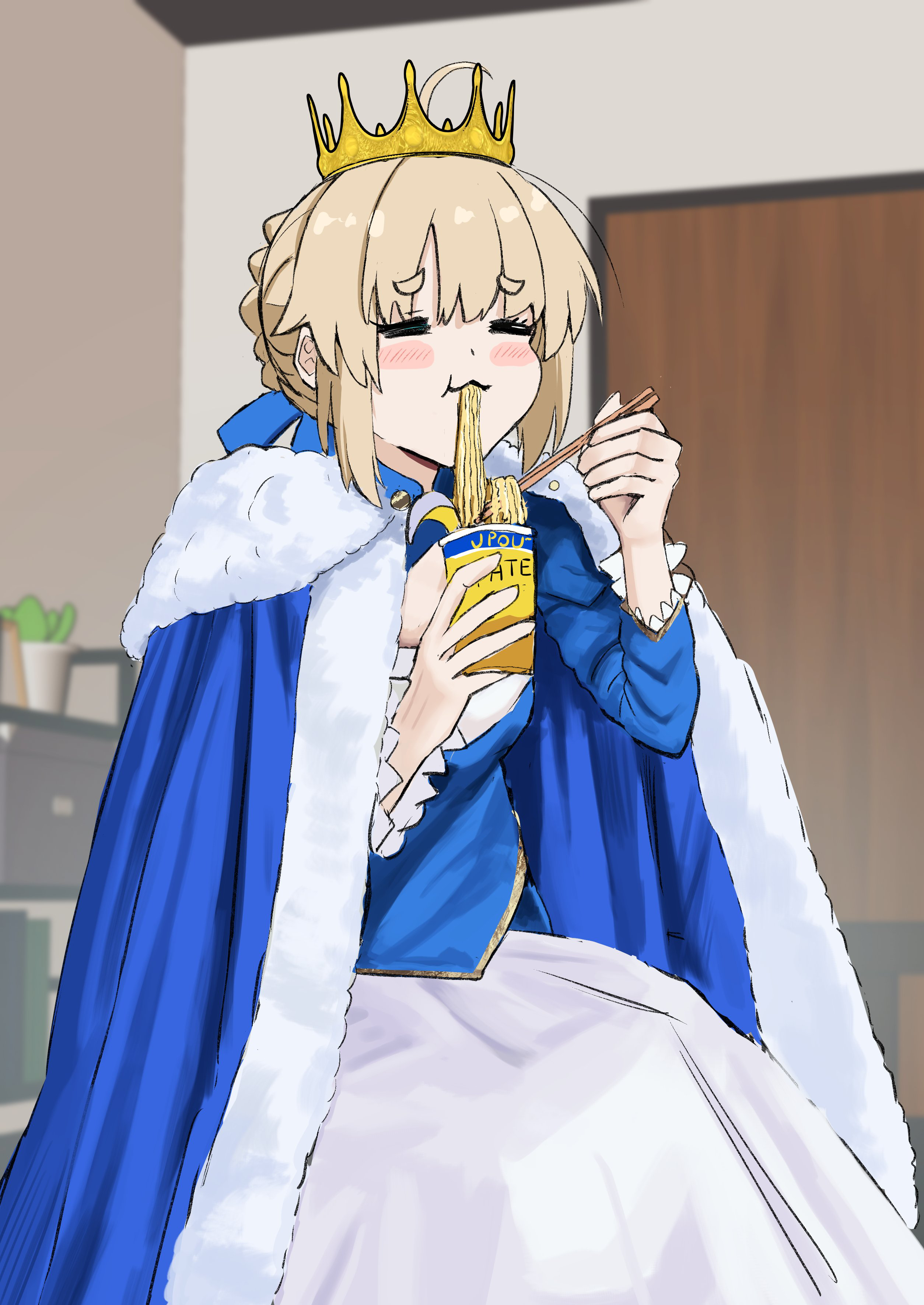 artoria pendragon (fate), saber (fate), fate/stay night, fate (series), absurdres, commentary request, highres, photo-referenced, 1girl, blue cloak, blue shirt, blush, chopsticks, cloak, closed eyes, closed mouth, crown, cup, cup ramen, eating, food in mouth, fur trim, hair bun, holding, holding chopsticks, holding cup, notonaon, shirt, skirt, solo, white skirt