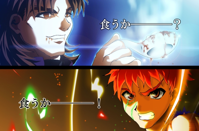 skyt2, emiya shirou, kotomine kirei, fate/stay night, fate (series), 00s, 2boys, food, male focus, mapo tofu, multiple boys
